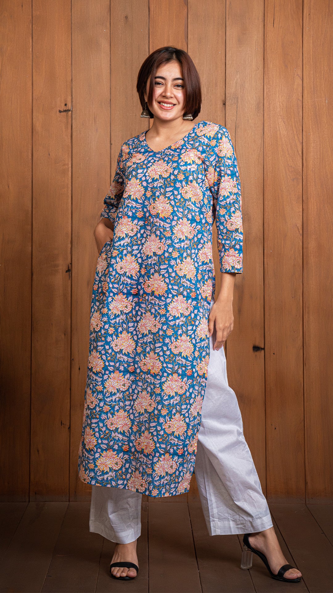 Blue Floral Jaal Sanganeri Hand Block Kurta