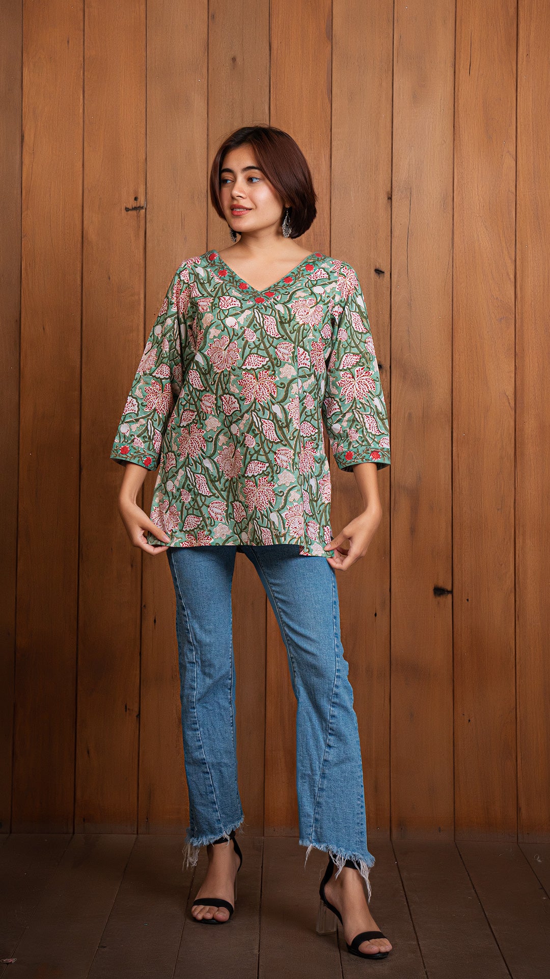 Nirjari Floral Jaal Sanganeri Cotton Short Top - Green