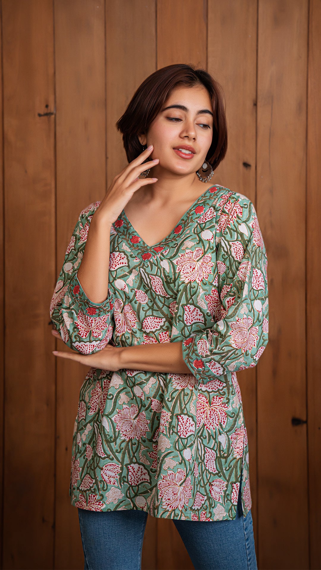 Nirjari Floral Jaal Sanganeri Cotton Short Top - Green