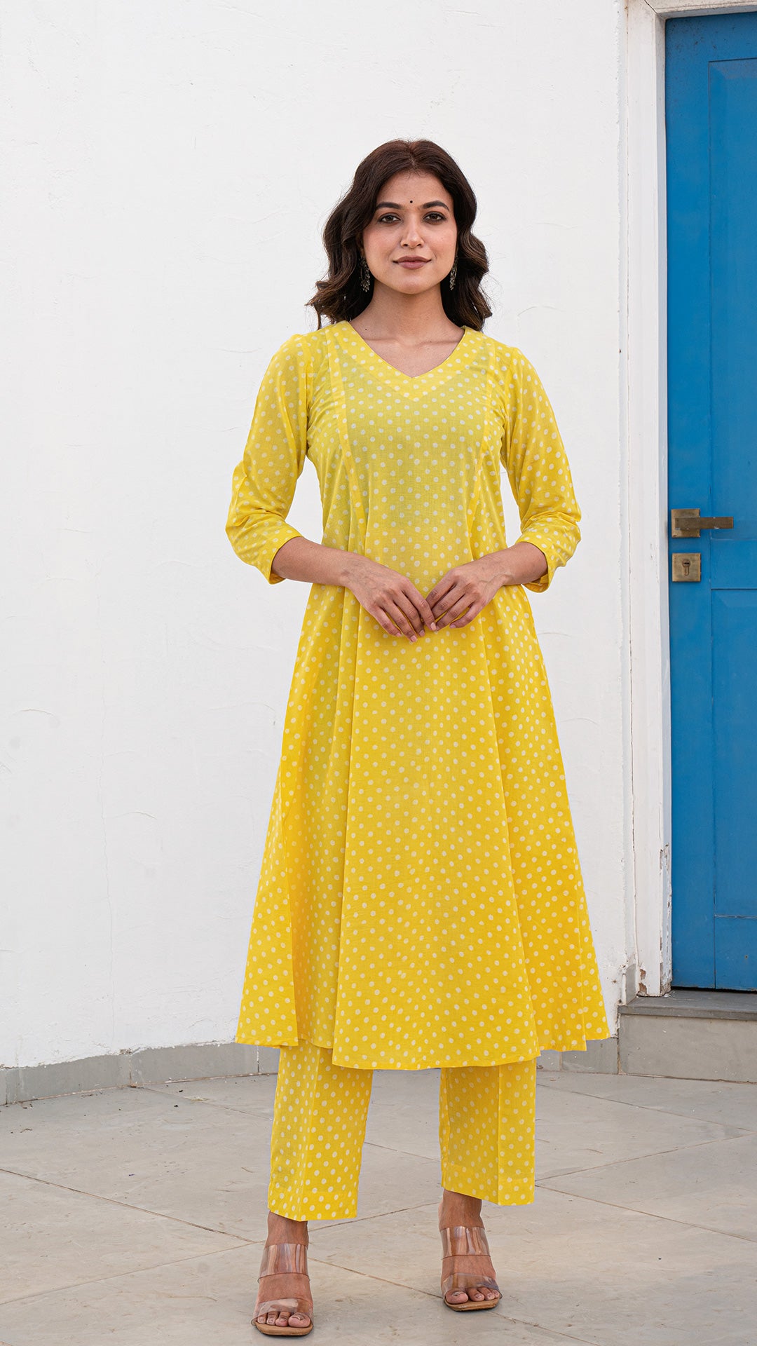 Yellow Dabu Polka Dots Kali Kurta In Cotton