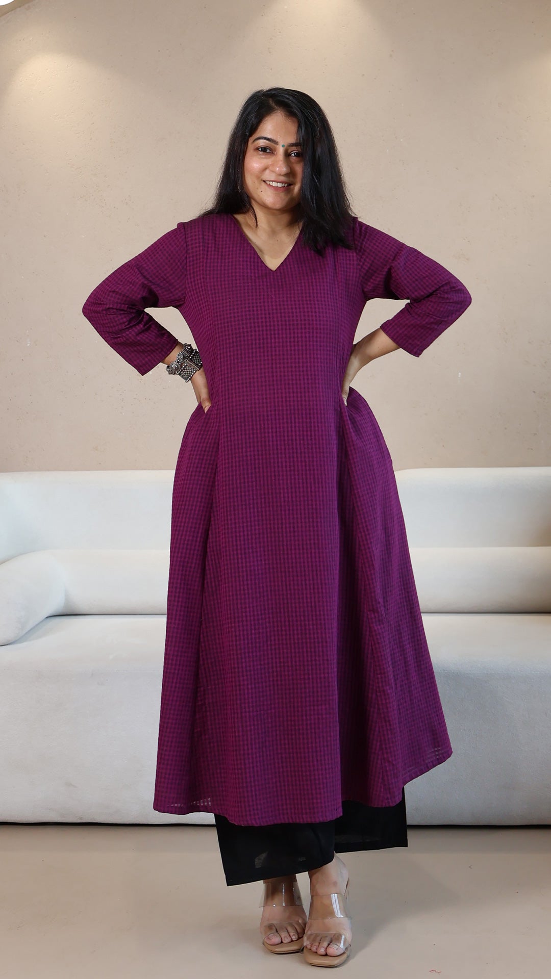 Purple Checkered Handwoven Cotton Kurta