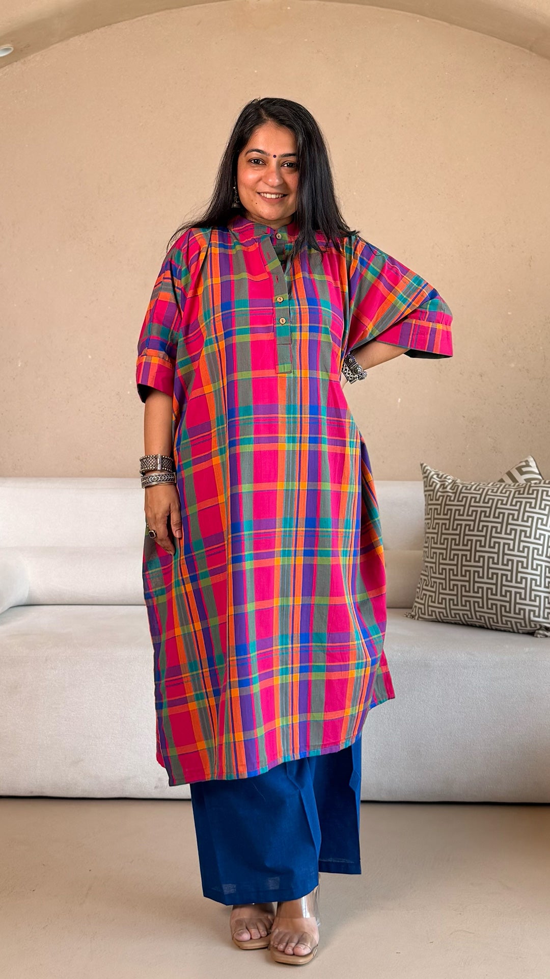 Rangoli Checkered Kaftan Co-ord In Handwoven Cotton - MultiColour