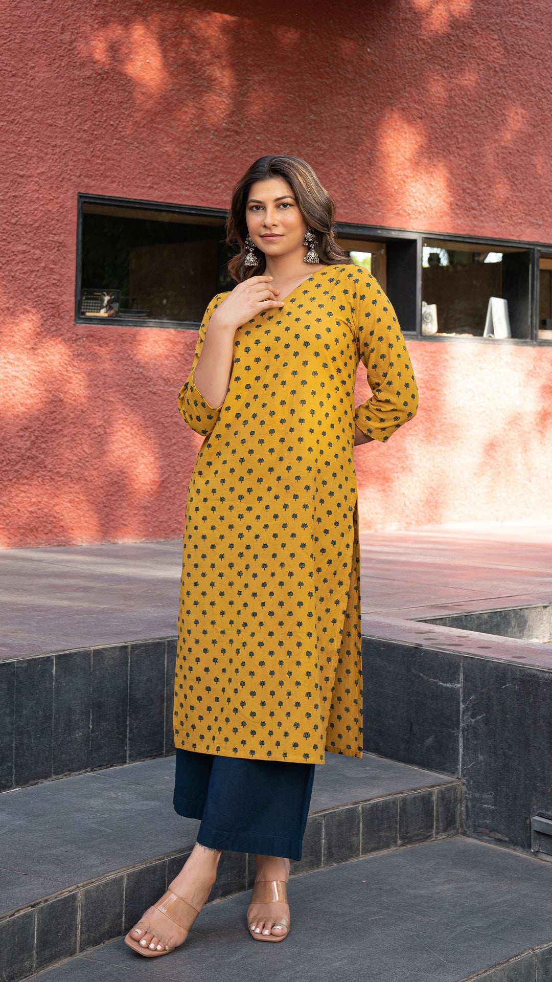 Aadhira Mustard Lotus Ajrakh Natural Dyed Cotton Kurta