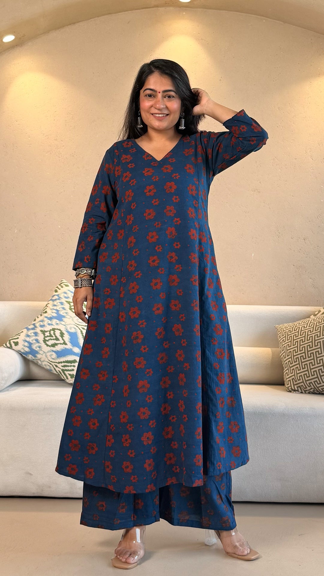 Nosheen Ajrakh Cotton Hand Block Kurta Set- Indigo/Red