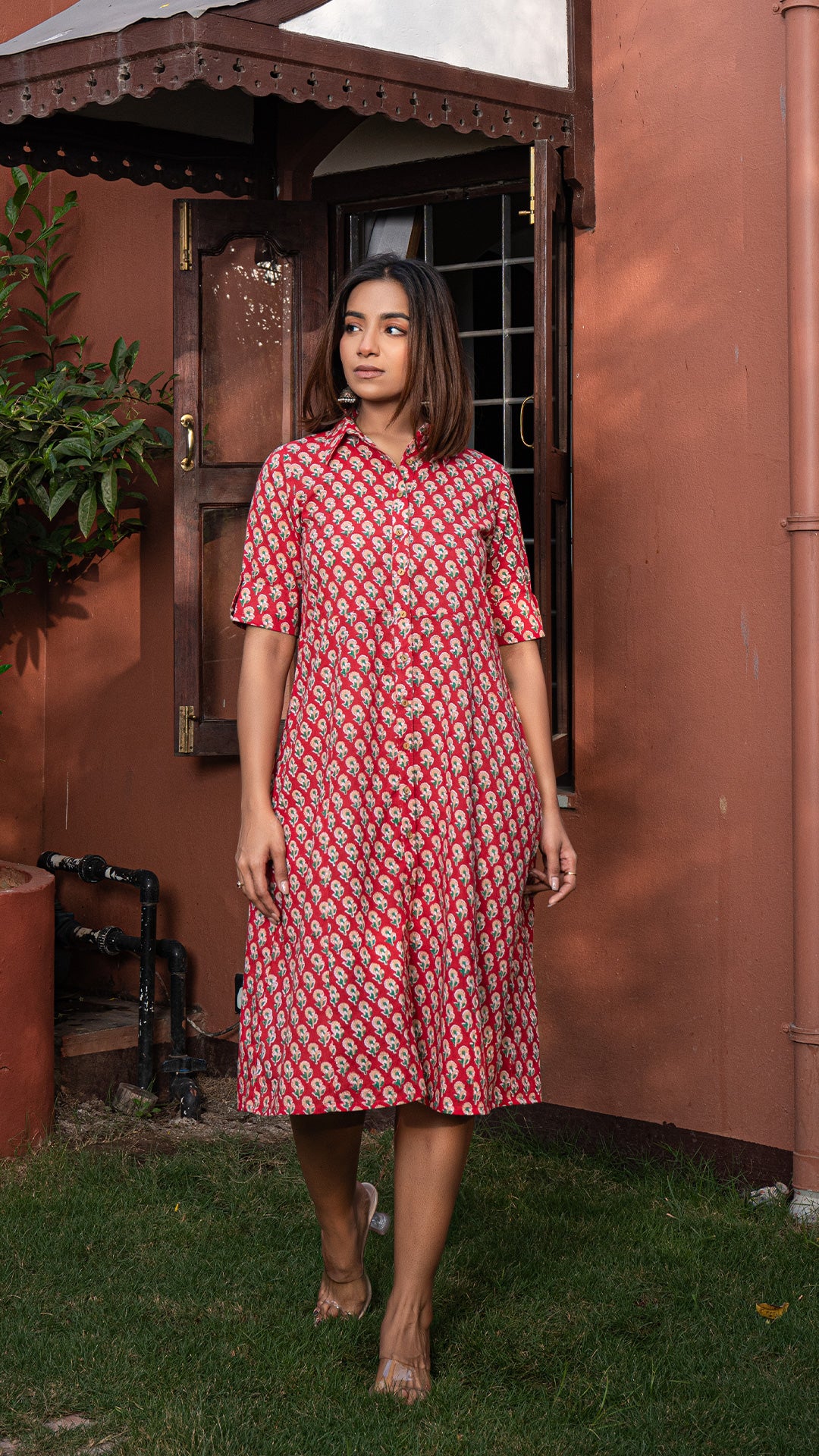 Mehwish Sanganeri Hand Block Cotton Shirt Dress : Red