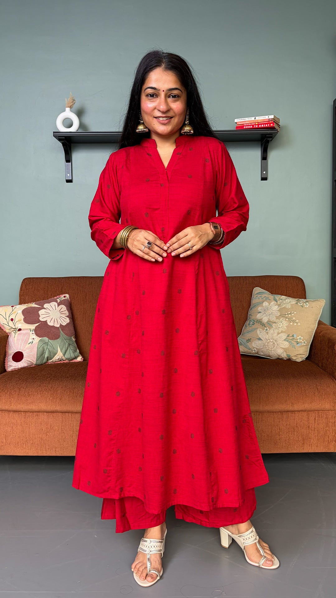 Simran Red Hand Woven Kali Cotton Kurta
