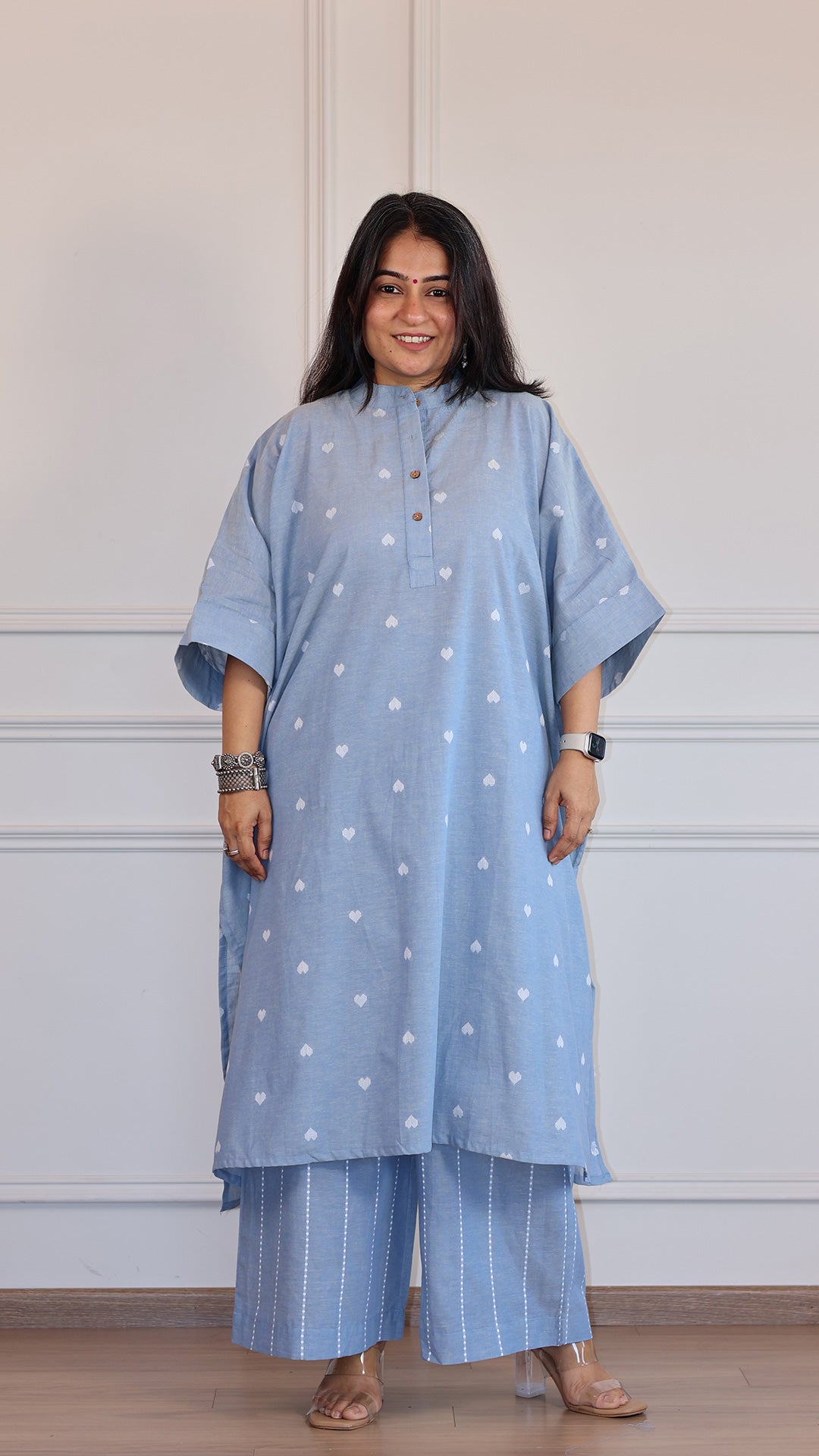 Hearts Handwoven Cotton Kaftan Co-ord - Powder Blue
