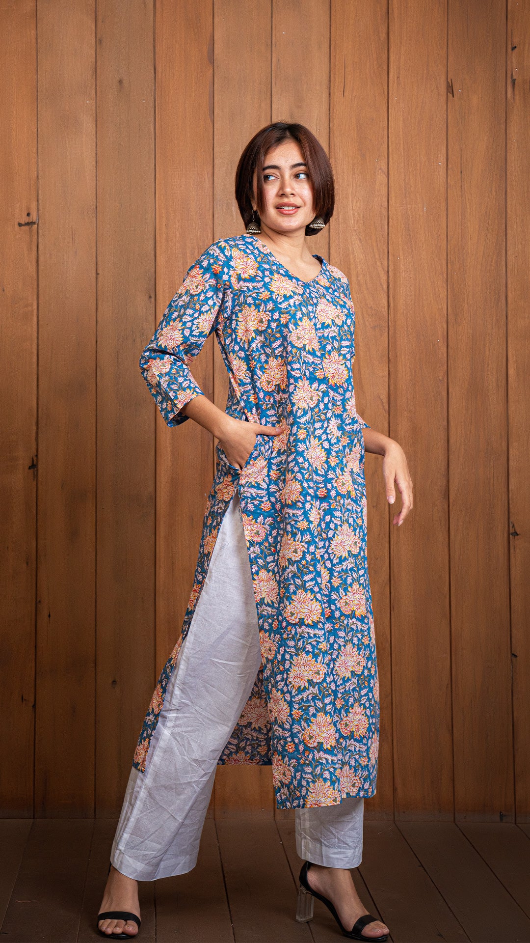 Blue Floral Jaal Sanganeri Hand Block Kurta