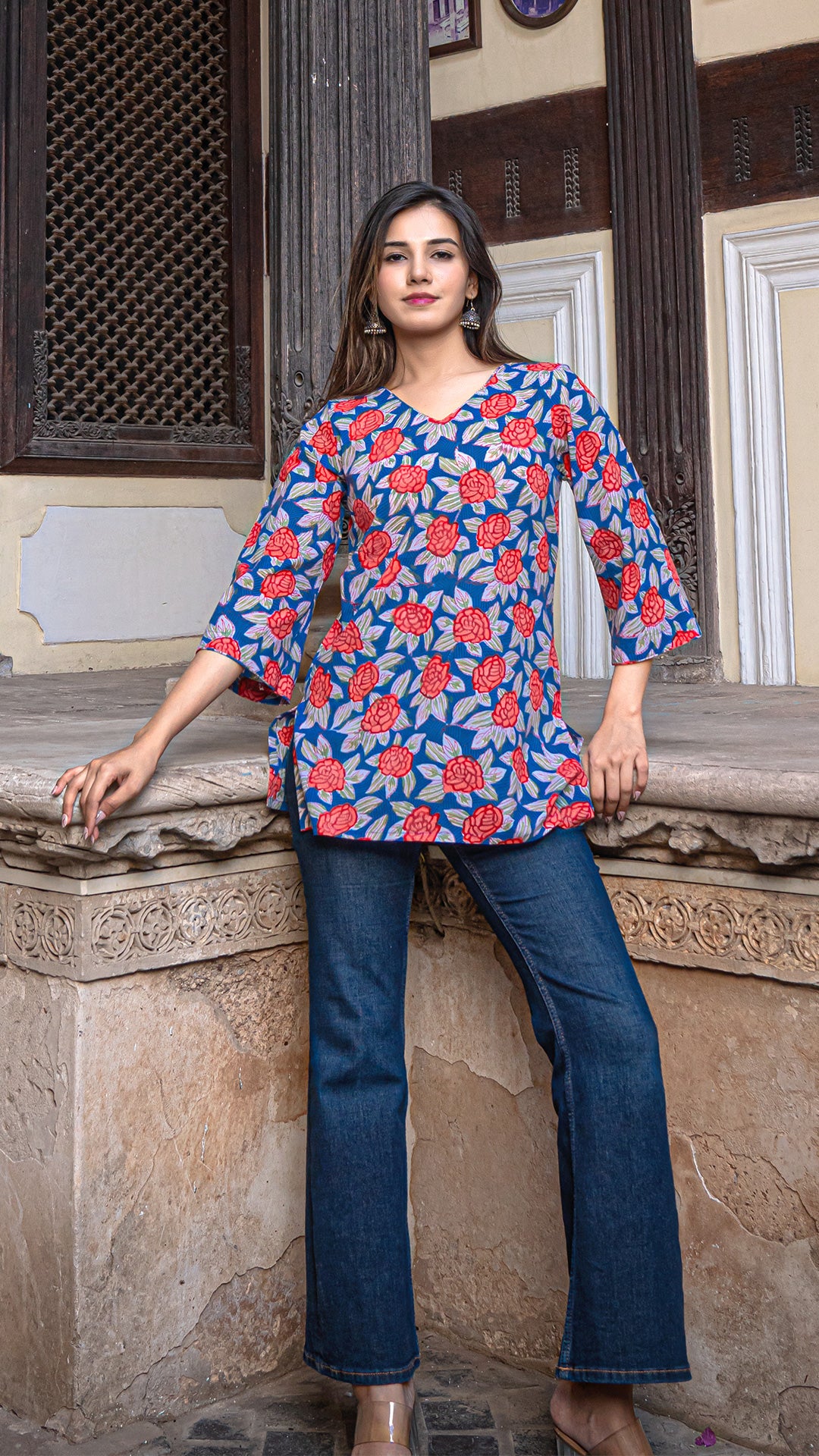 Ishani Sanganeri Print Cotton Short Top - Blue/Red