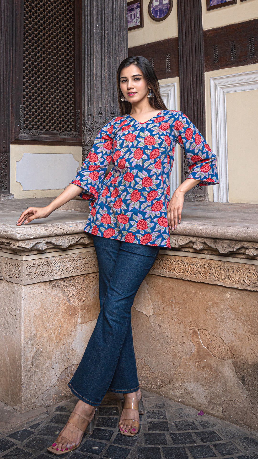 Ishani Sanganeri Print Cotton Short Top - Blue/Red