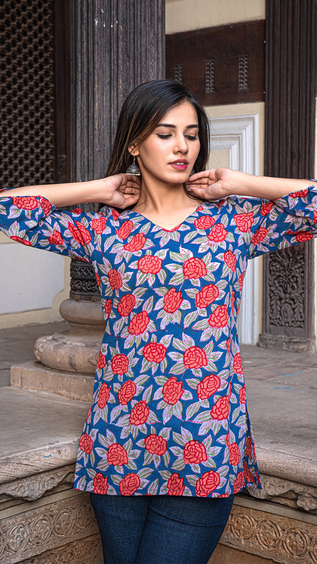 Ishani Sanganeri Print Cotton Short Top - Blue/Red