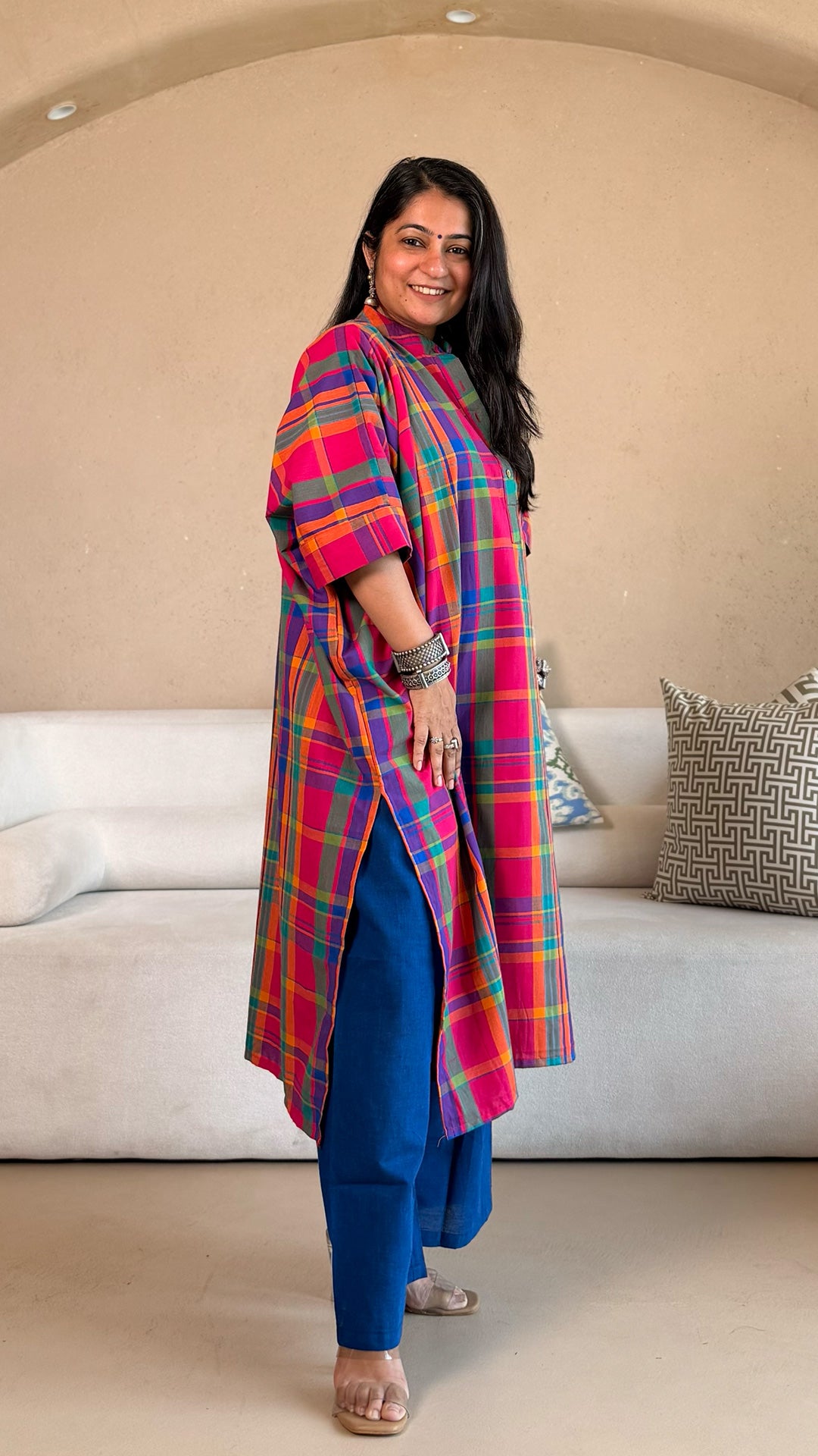 Rangoli Checkered Kaftan Co-ord In Handwoven Cotton - MultiColour
