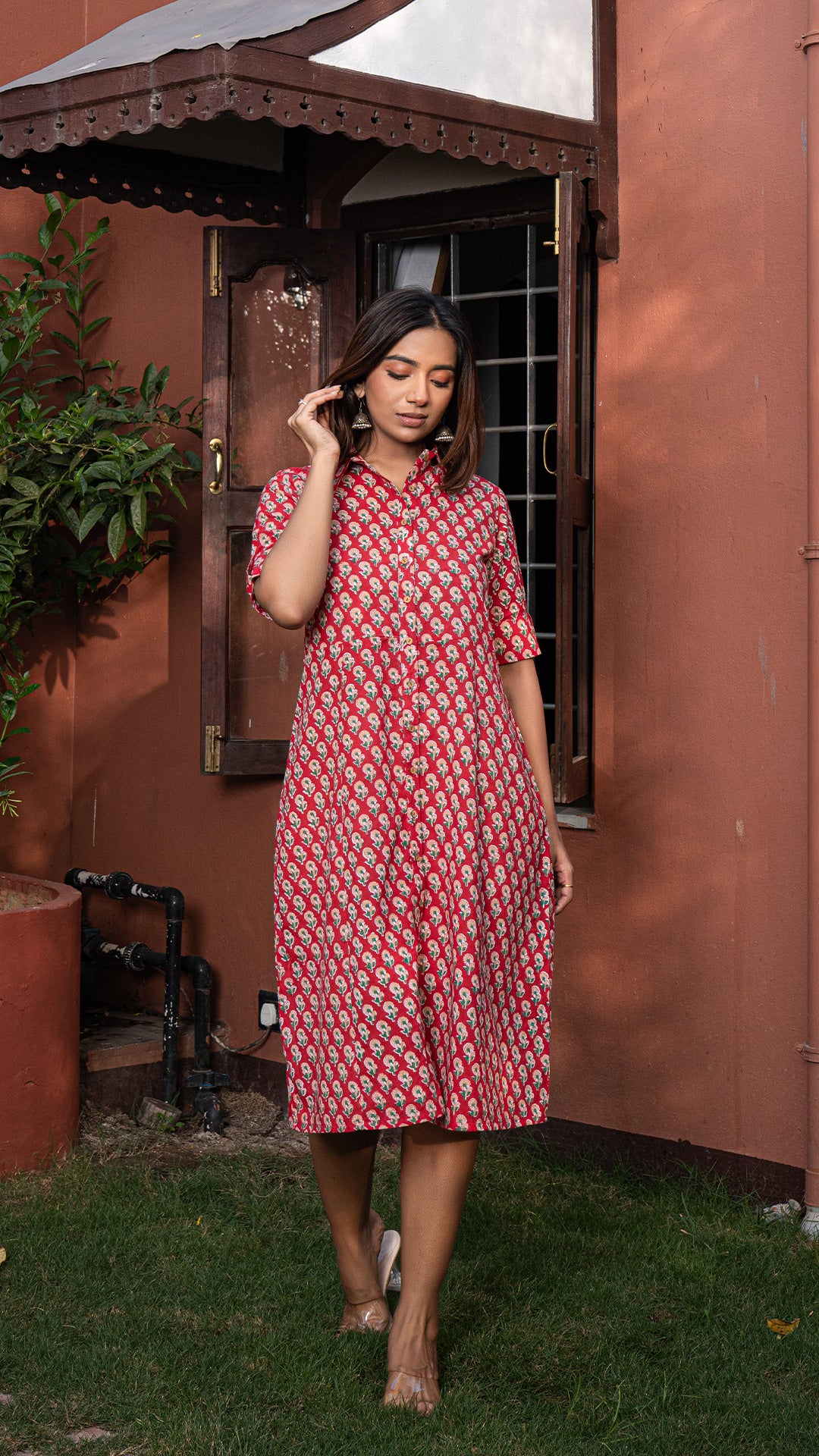 Mehwish Sanganeri Hand Block Cotton Shirt Dress : Red