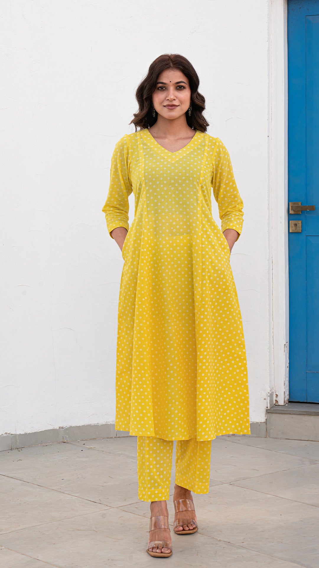 Yellow Dabu Polka Dots Kali Kurta In Cotton