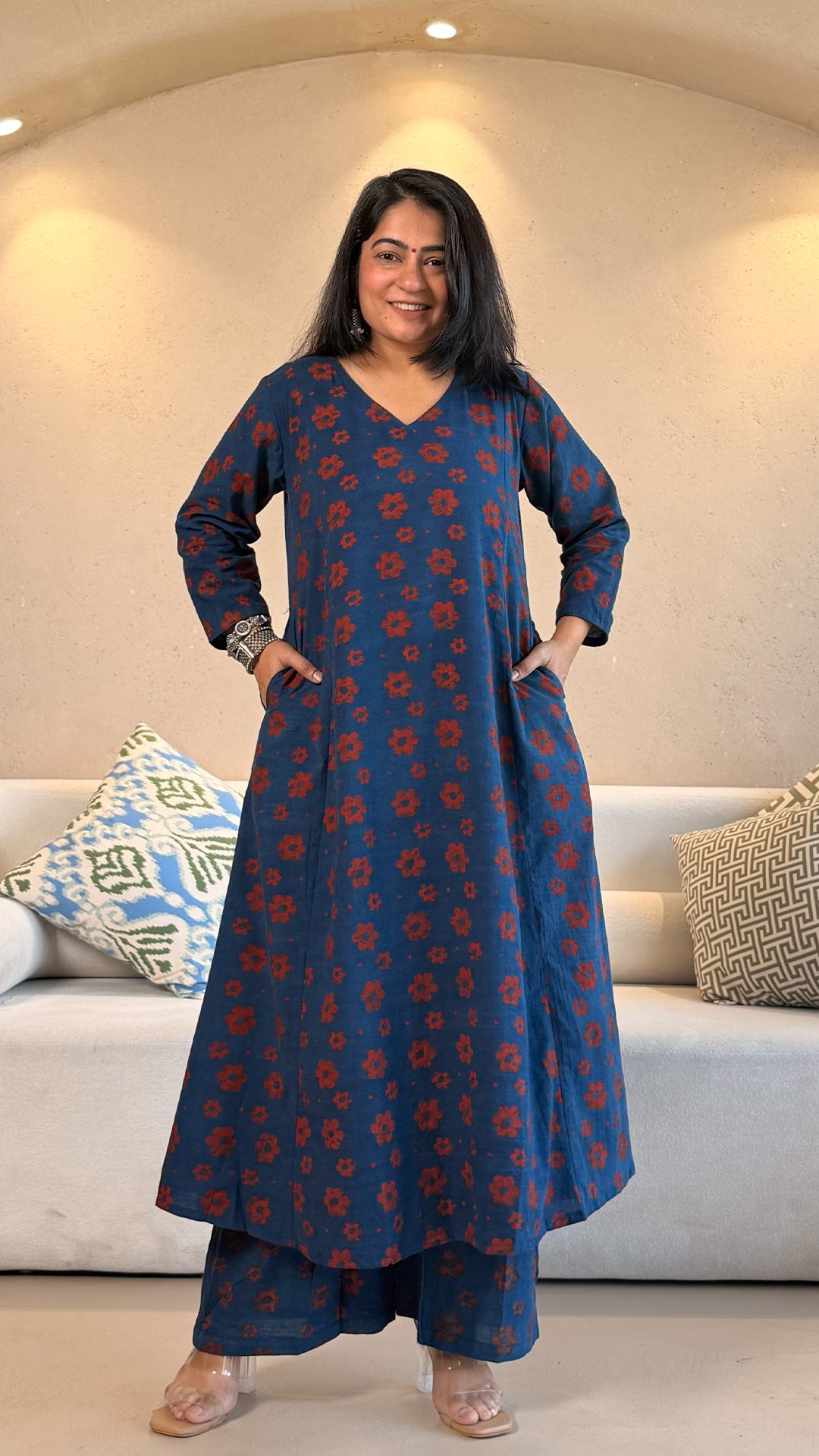 Nosheen Ajrakh Cotton Hand Block Kurta Set- Indigo/Red