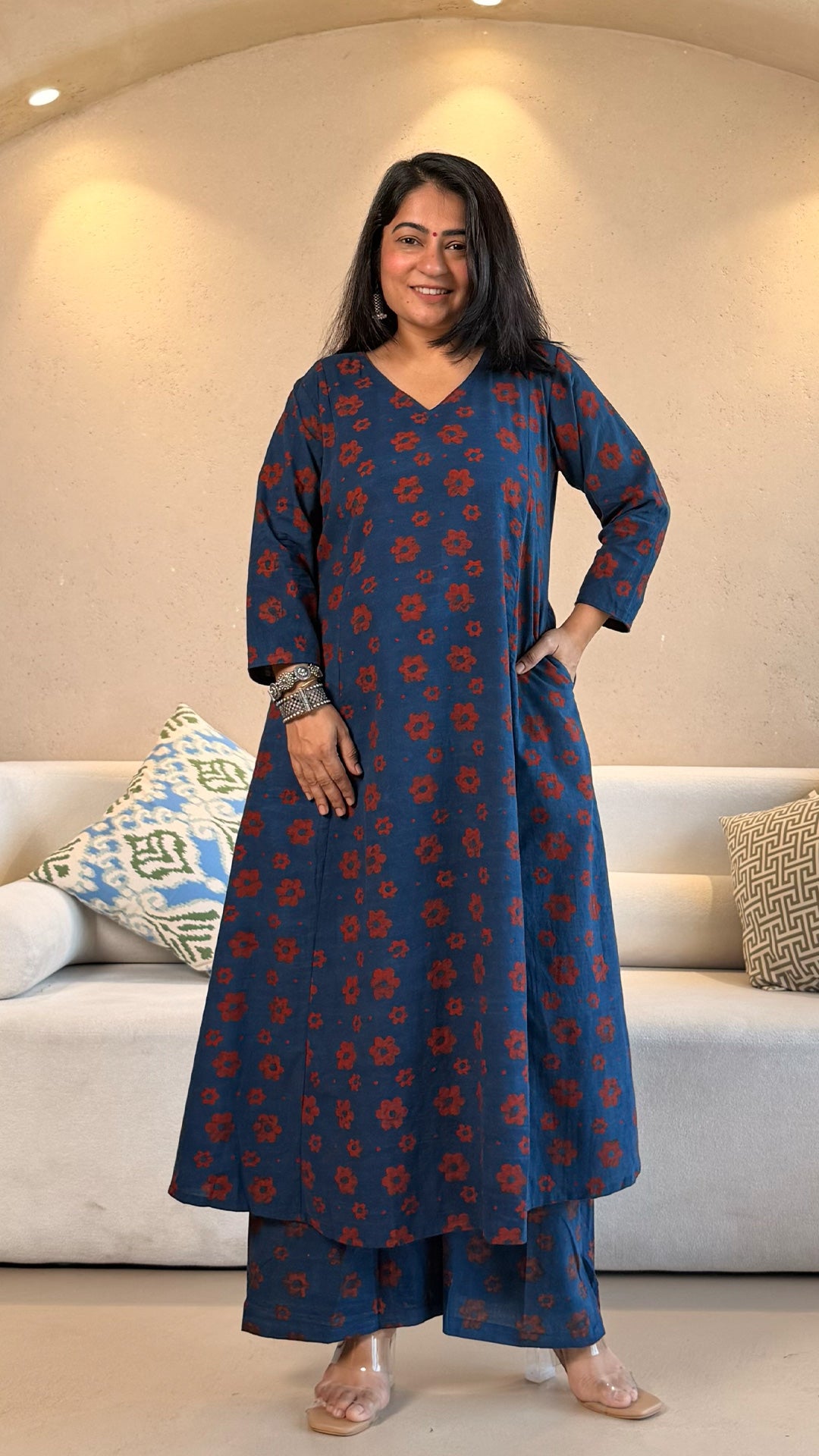 Nosheen Ajrakh Cotton Hand Block Kurta Set- Indigo/Red