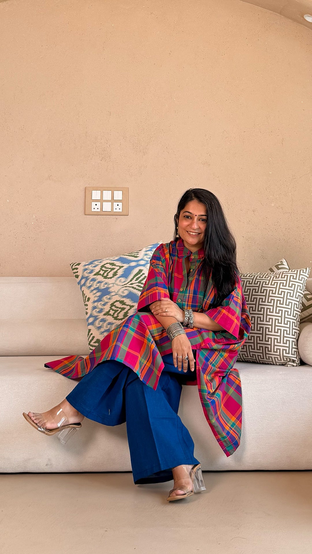 Rangoli Checkered Kaftan Co-ord In Handwoven Cotton - MultiColour