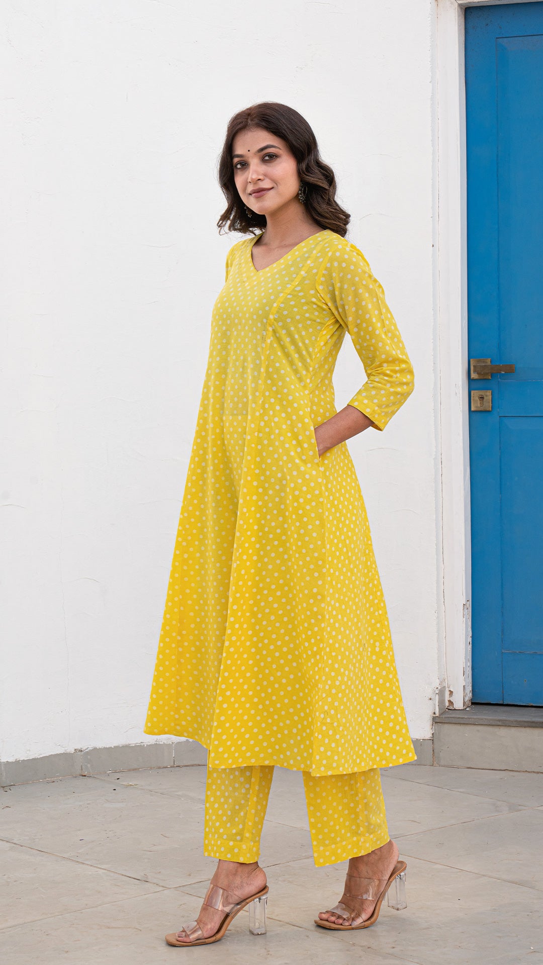 Yellow Dabu Polka Dots Kali Kurta In Cotton