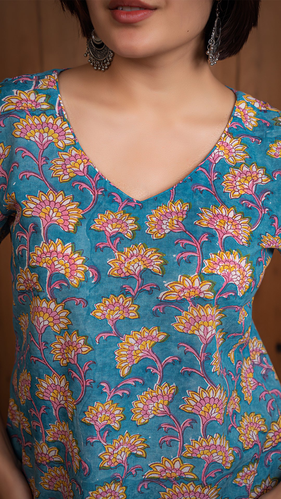 Mitali Floral Sanganeri Cotton Short Top - Light Blue