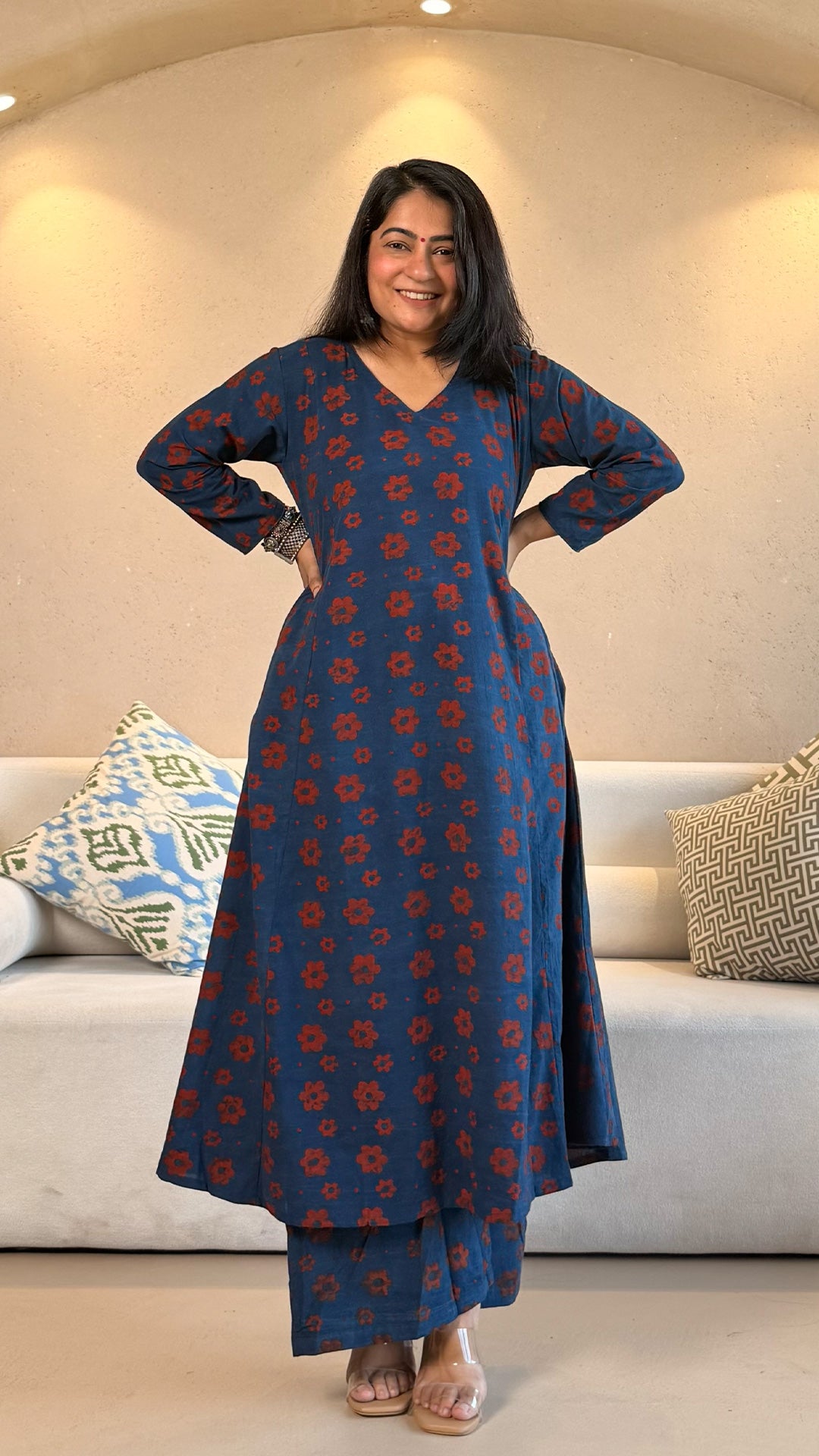 Nosheen Ajrakh Cotton Hand Block Kurta Set- Indigo/Red