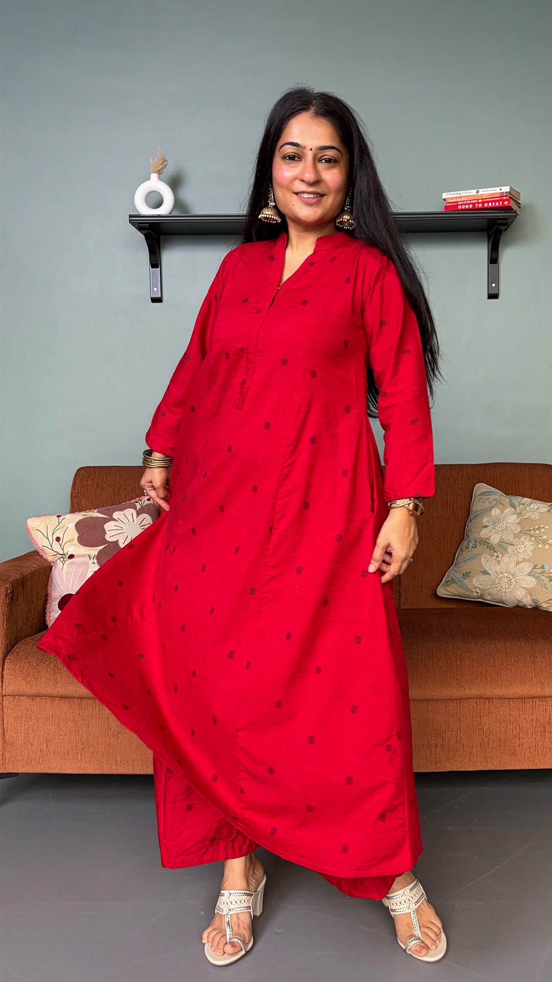 Simran Red Hand Woven Kali Cotton Kurta
