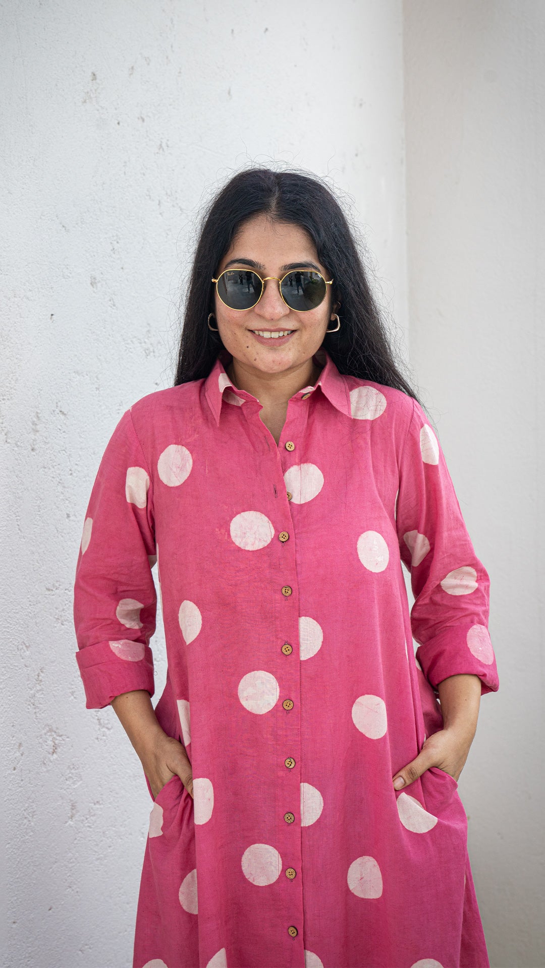 Pink Polka Cotton Shirt Dress With Slit