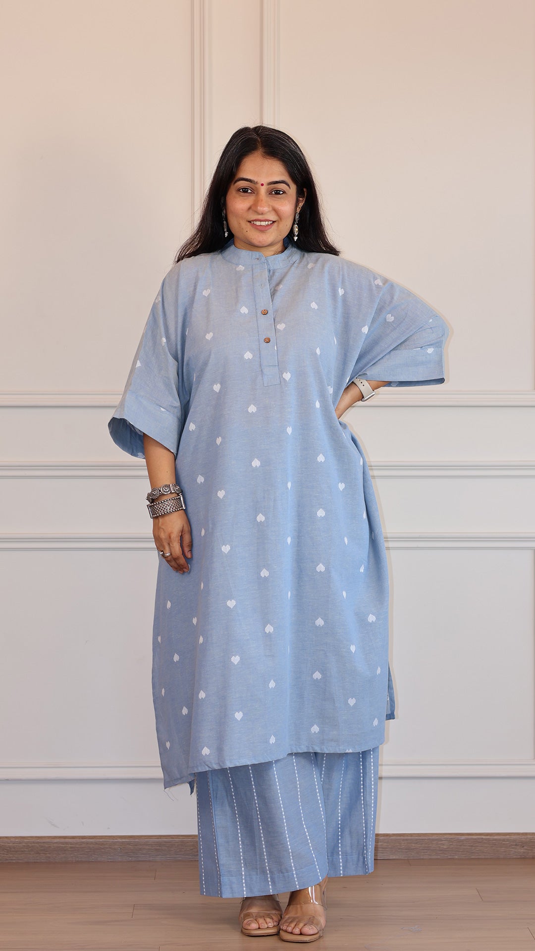 Hearts Handwoven Cotton Kaftan Co-ord - Powder Blue