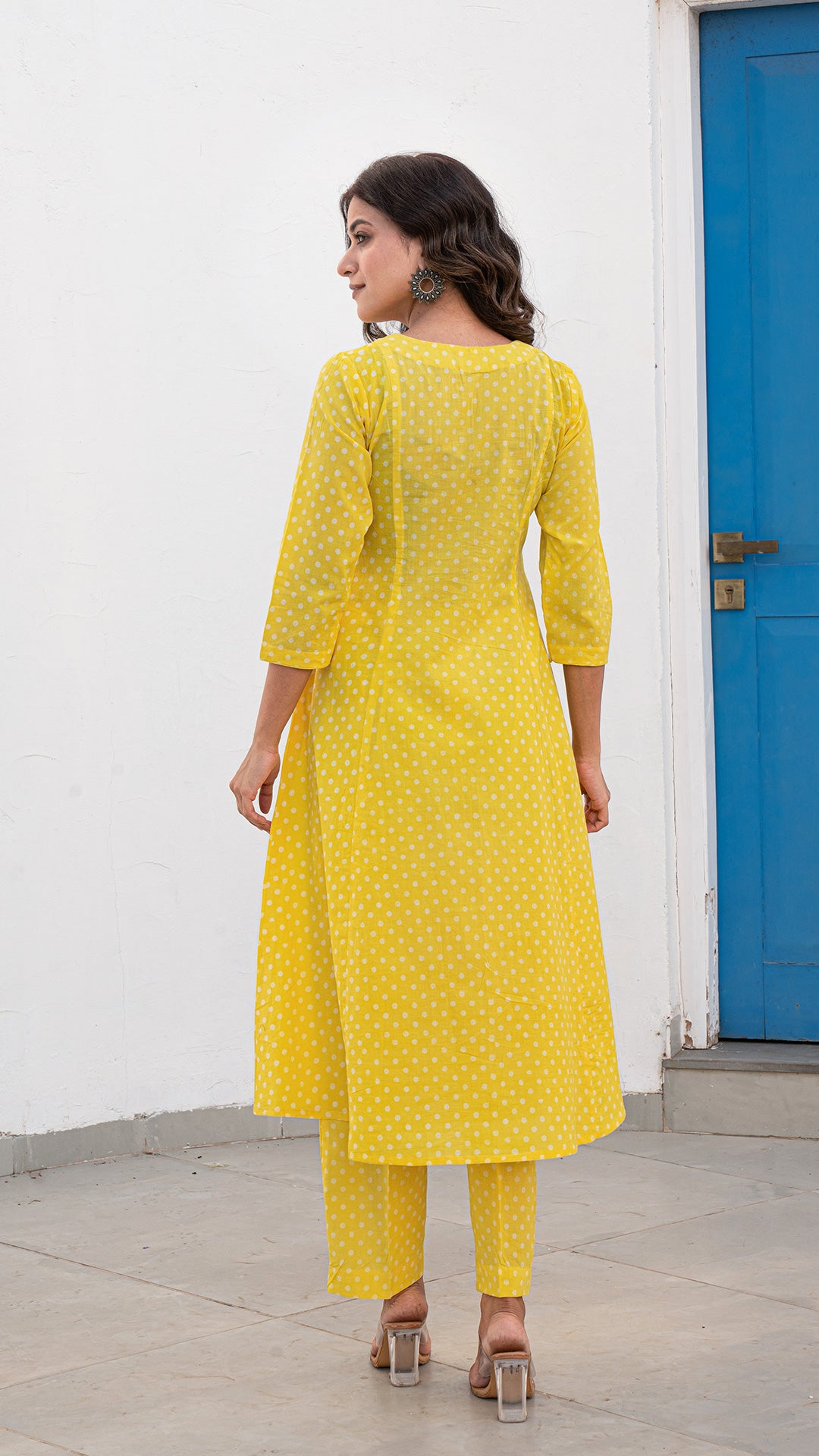 Yellow Dabu Polka Dots Kali Kurta In Cotton