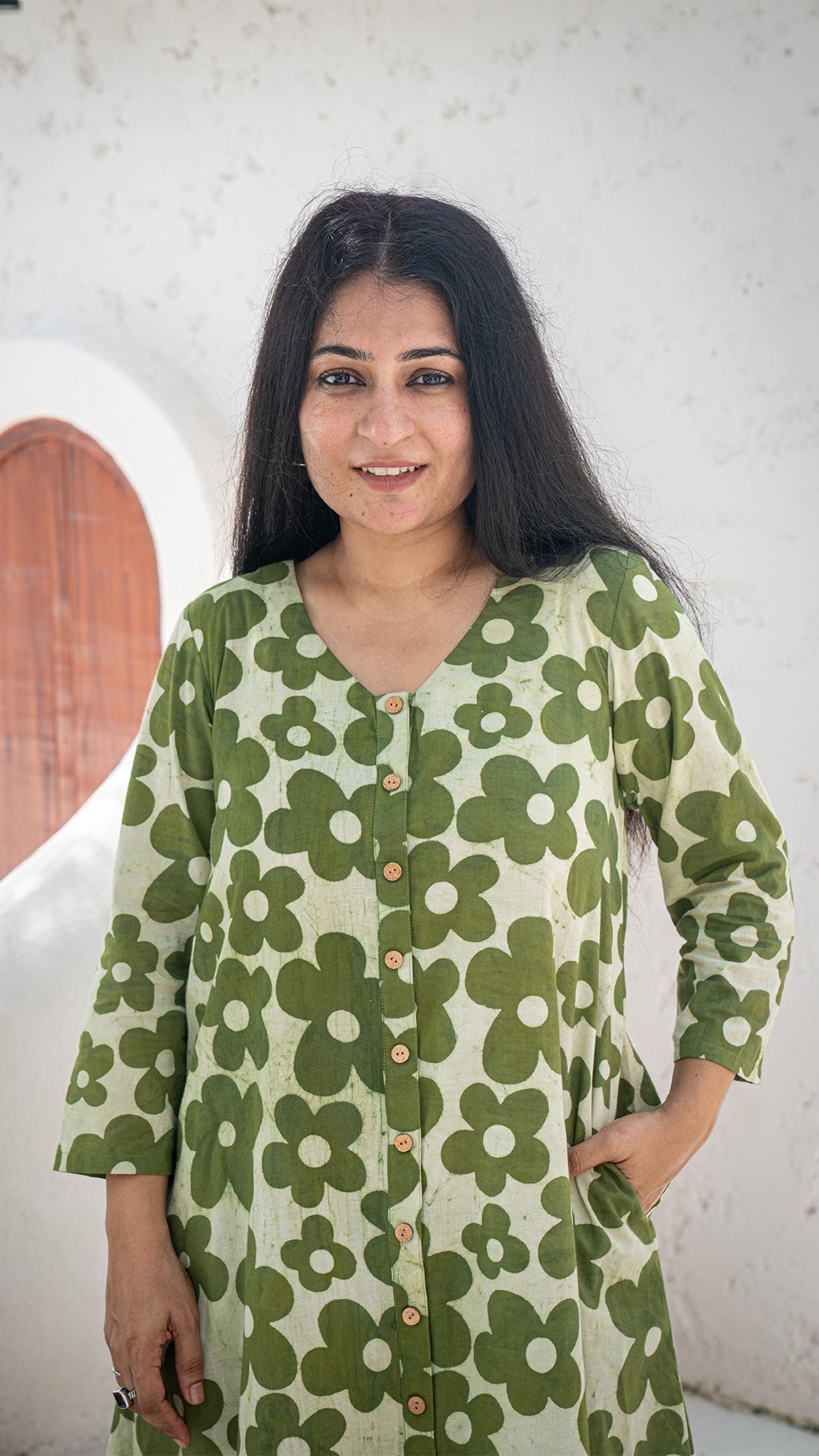 Roza Floral Hand Block Cotton Dress - Green