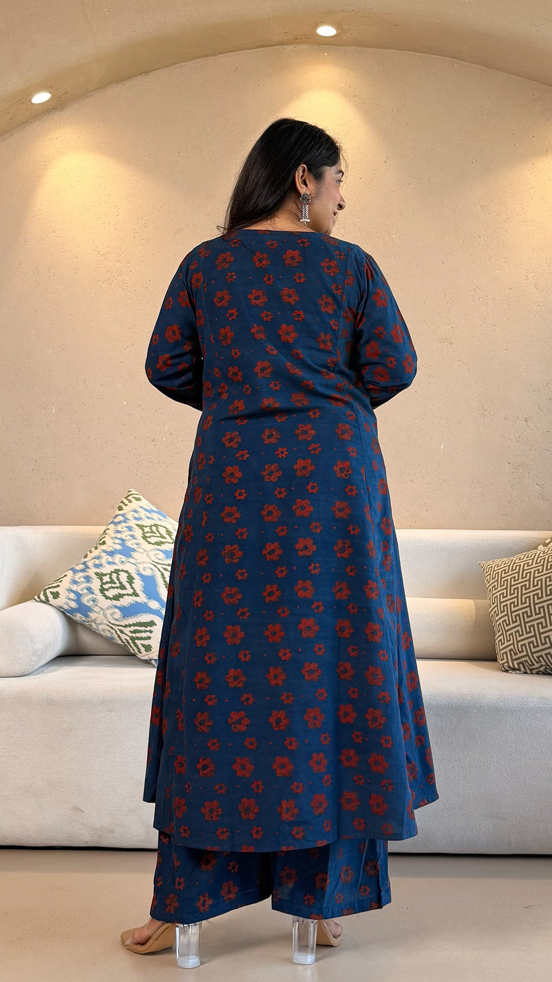 Nosheen Ajrakh Cotton Hand Block Kurta Set- Indigo/Red