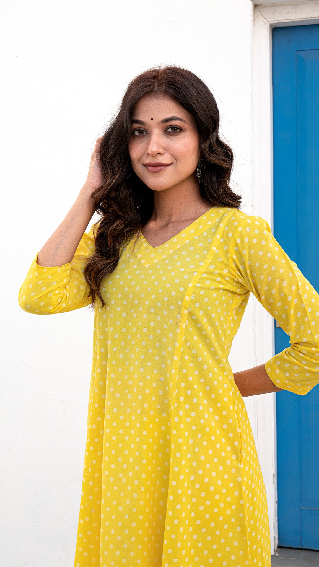 Yellow Dabu Polka Dots Kali Kurta In Cotton