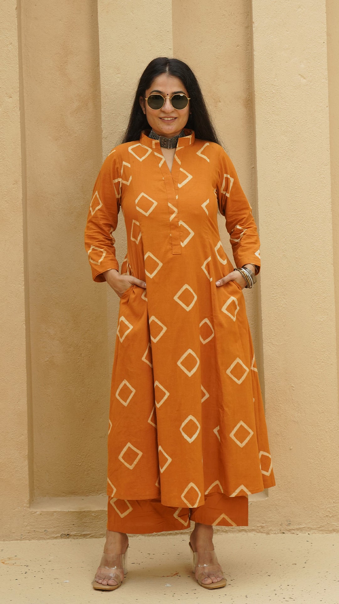 Osha Square Block Print Cotton Kurta - Rust