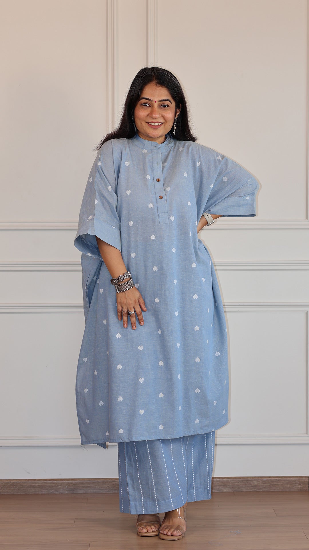 Hearts Handwoven Cotton Kaftan Co-ord - Powder Blue