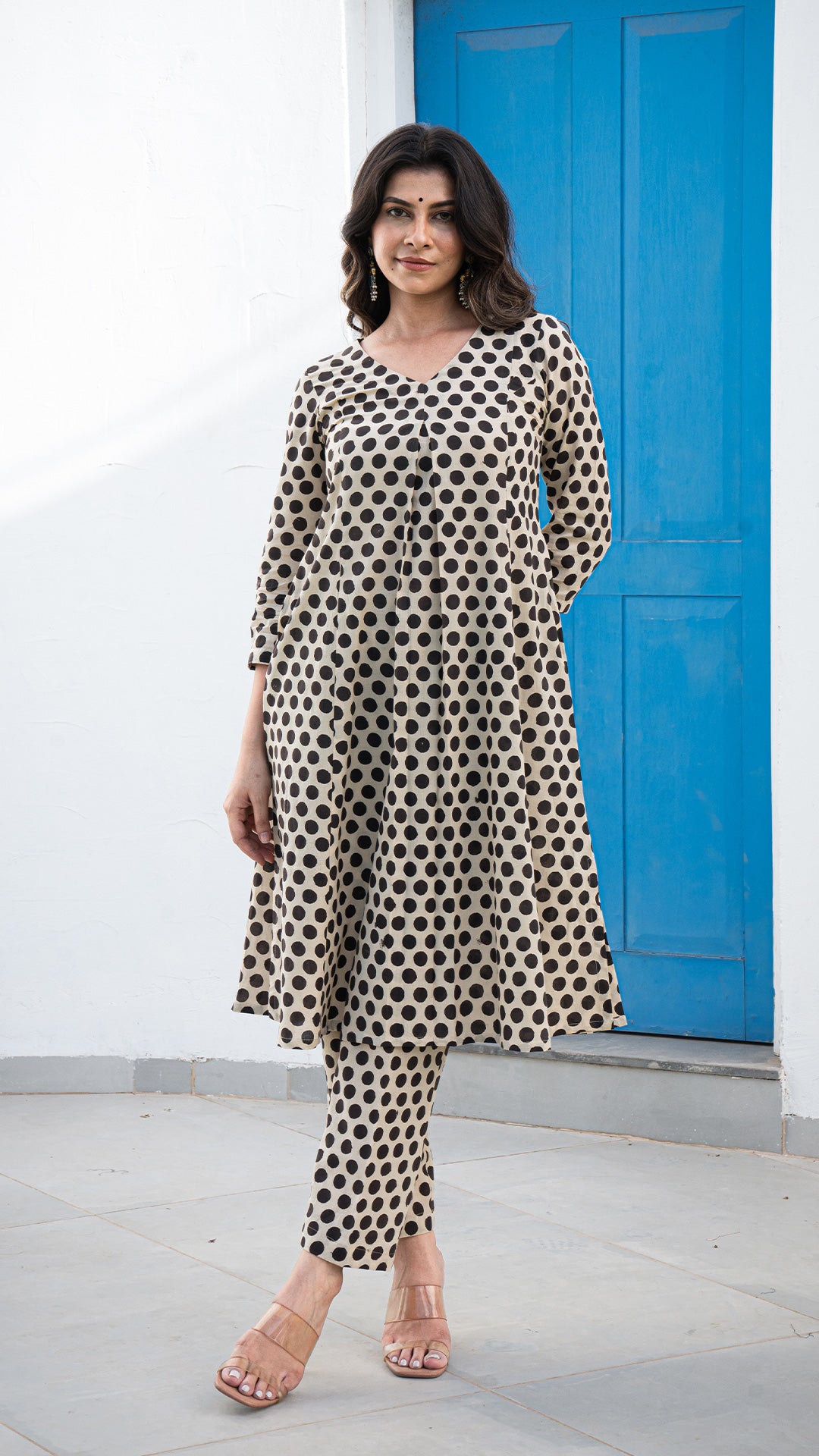 Shreeja Polka Dots Hand Block A Line Cotton Kurta - Black