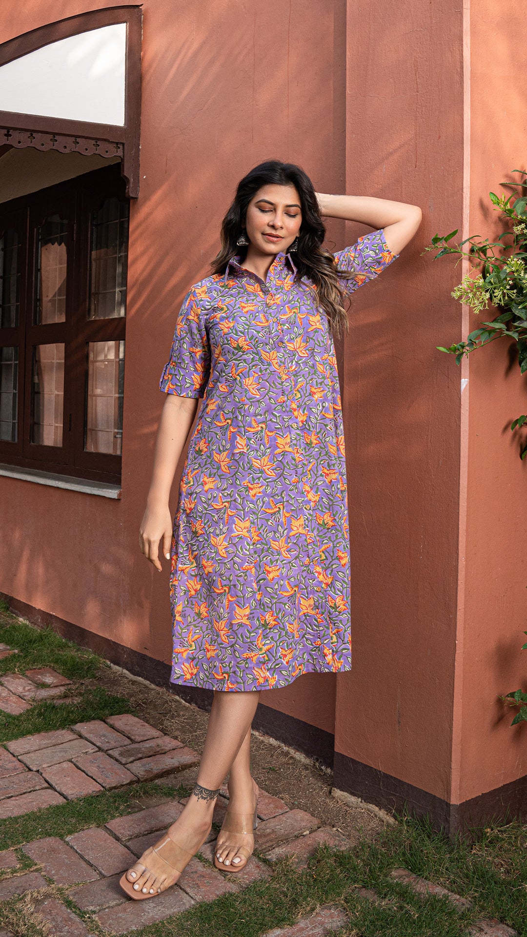 Sajal Sanganeri Hand Block Cotton Shirt Dress : Lavender