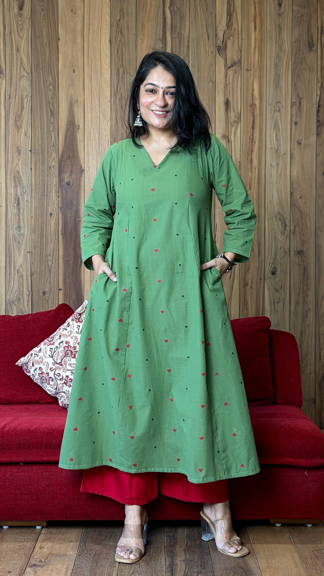 Gauhar Hand Woven Kali Kurta In Cotton - Green
