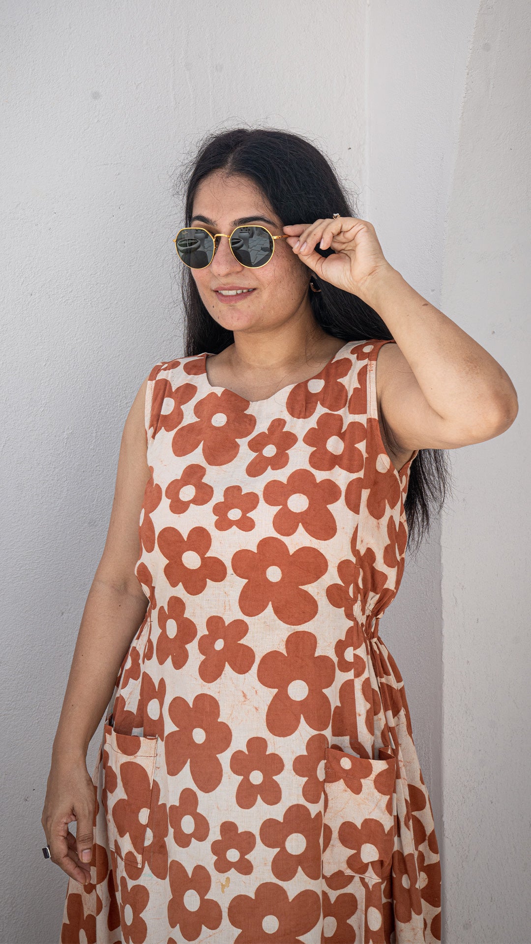 Vaanya Floral Hand Block Cotton Dress - Brown