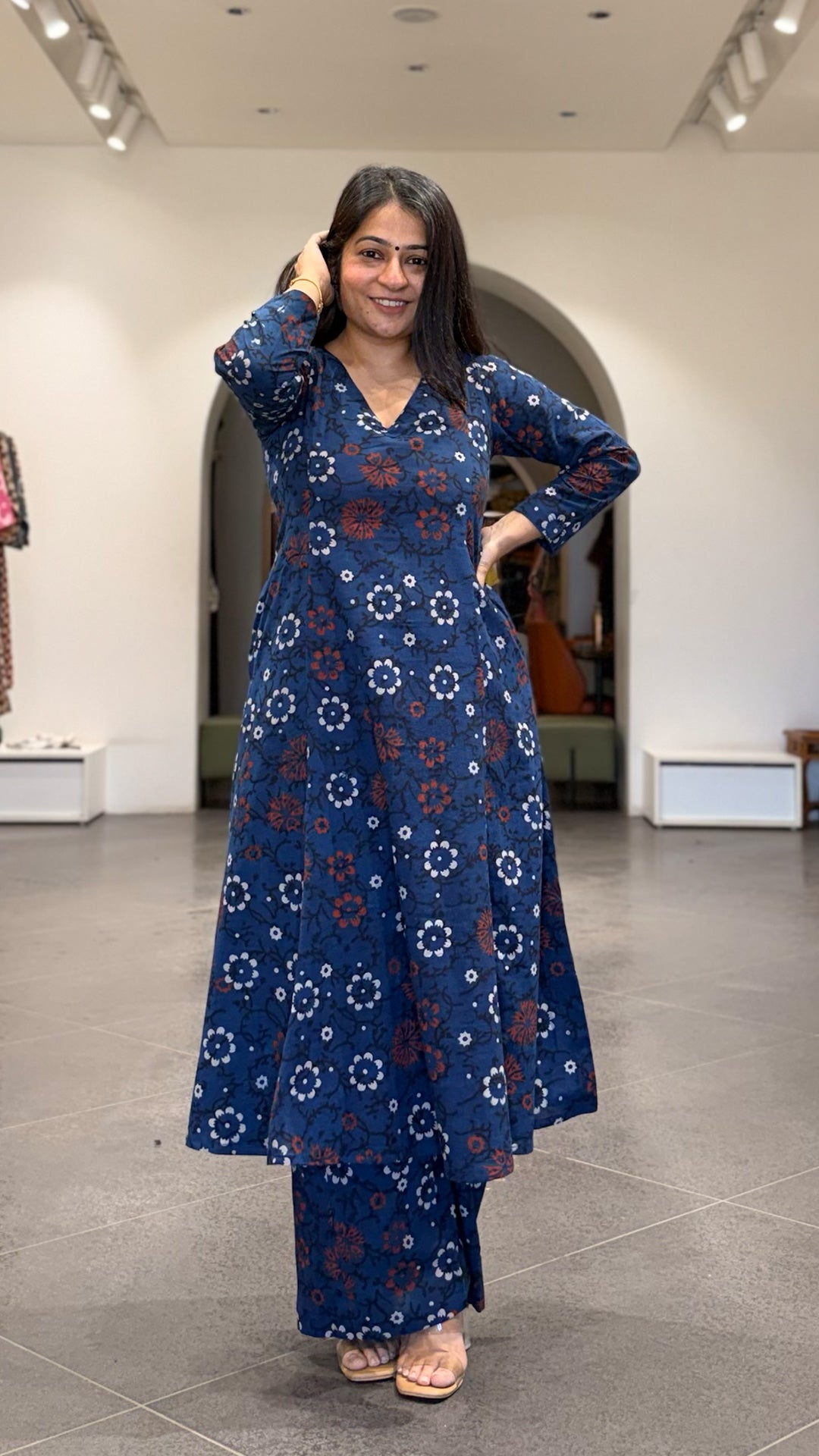 Nysa Floral Ajrakh Cotton Hand Block Kurta Set- Indigo