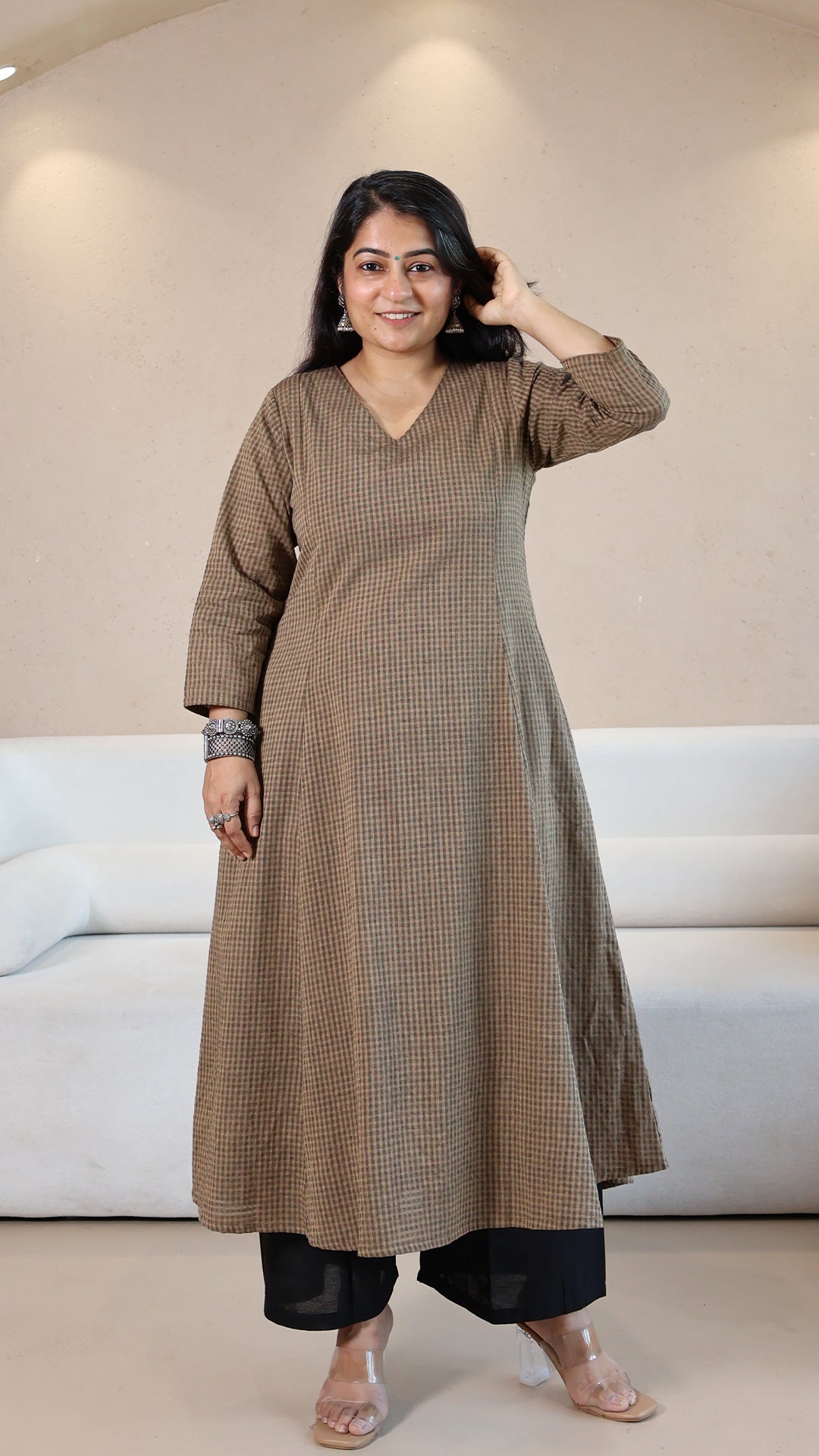 Brown Checkered Handwoven Cotton Kurta