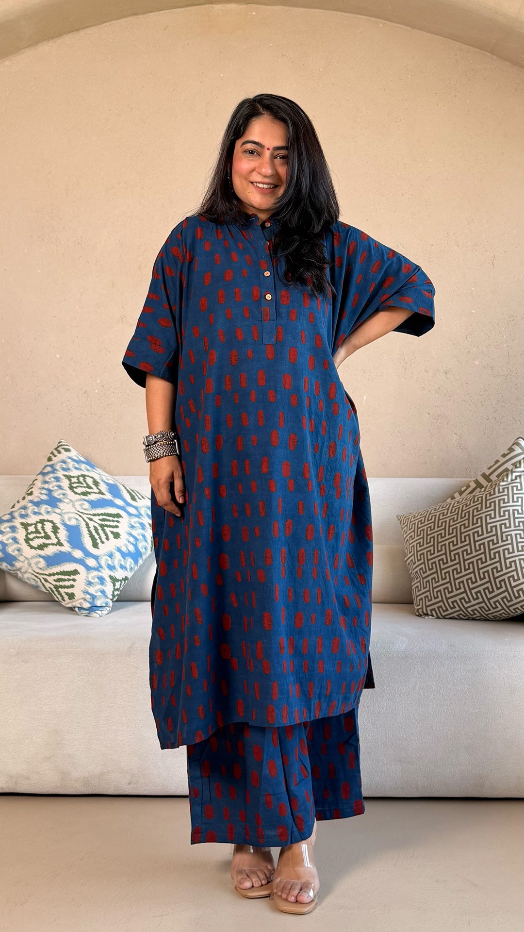 Kanan Ajrakh Cotton Kaftan Co-ord - Indigo/Red