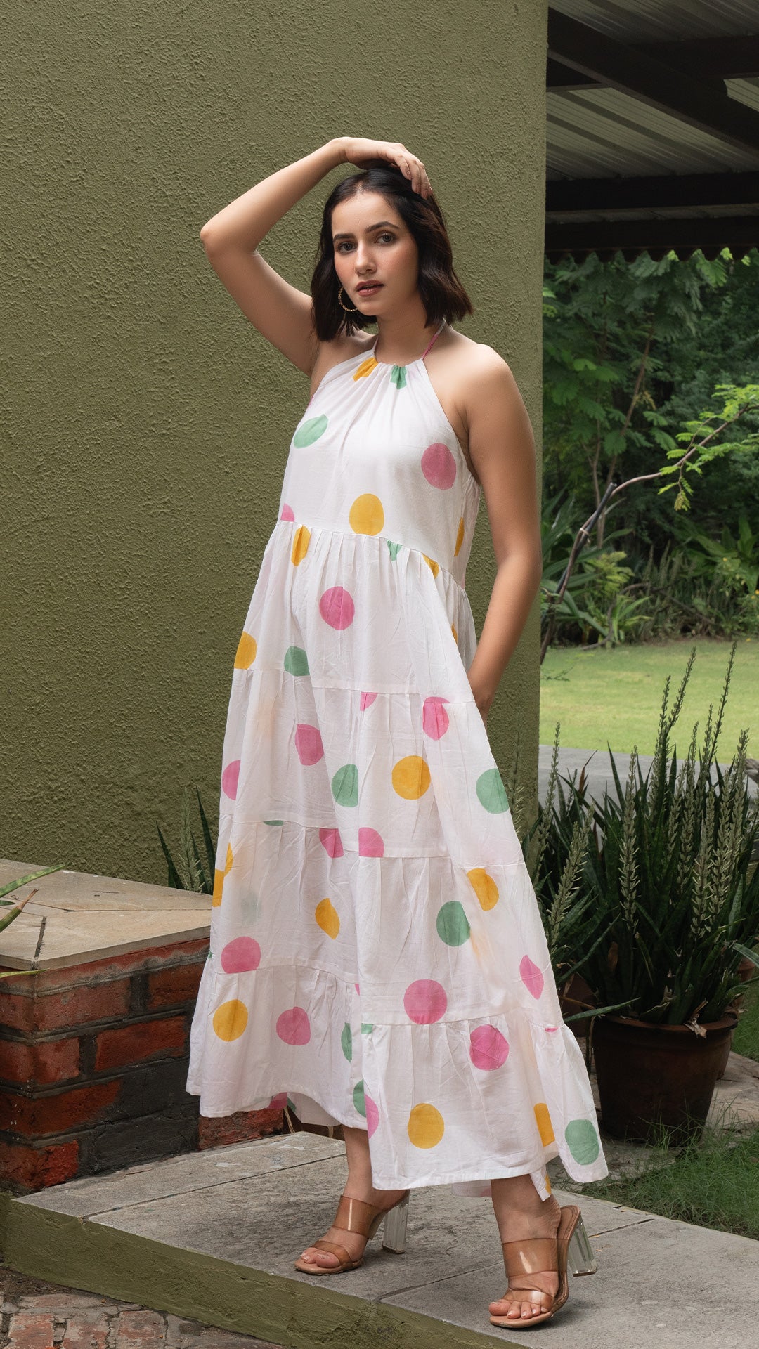 Multi Colour Polka Dots Layered Open Back Cotton Dress