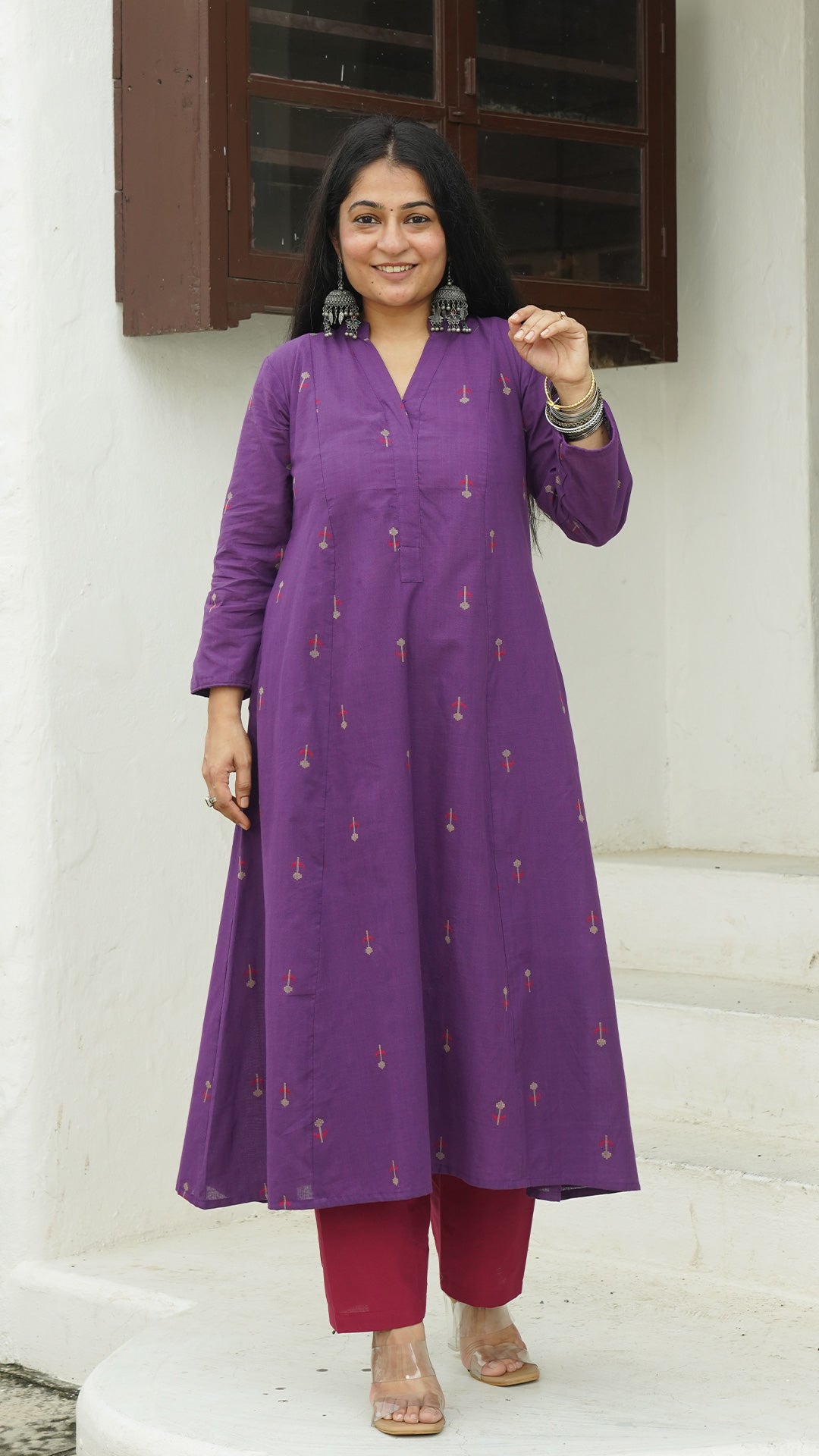 Veda Flower Motif Hand Woven Kali Cotton Kurta - Purple