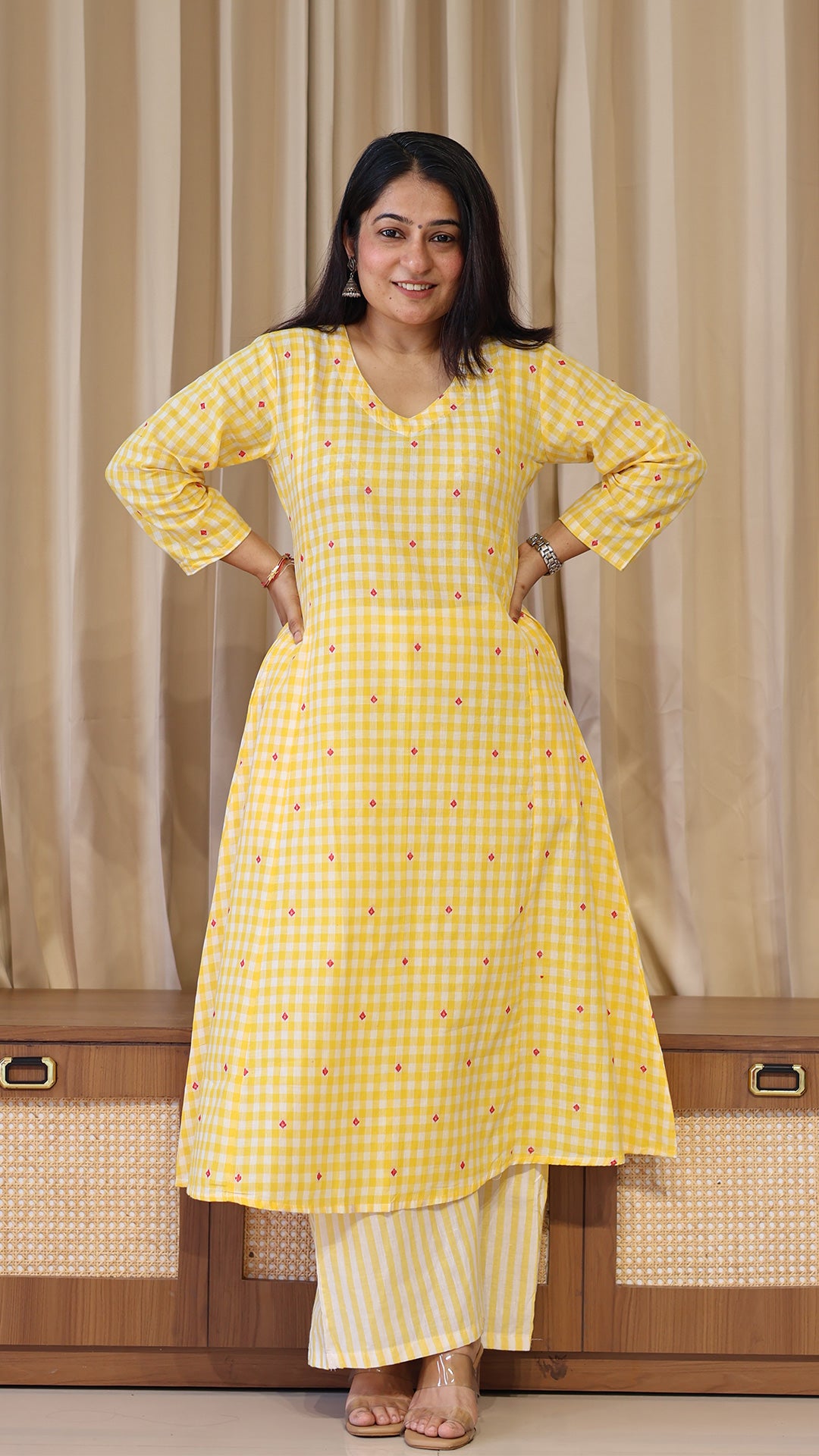 Checks and Stripes Handwoven Cotton Kurta - Yellow