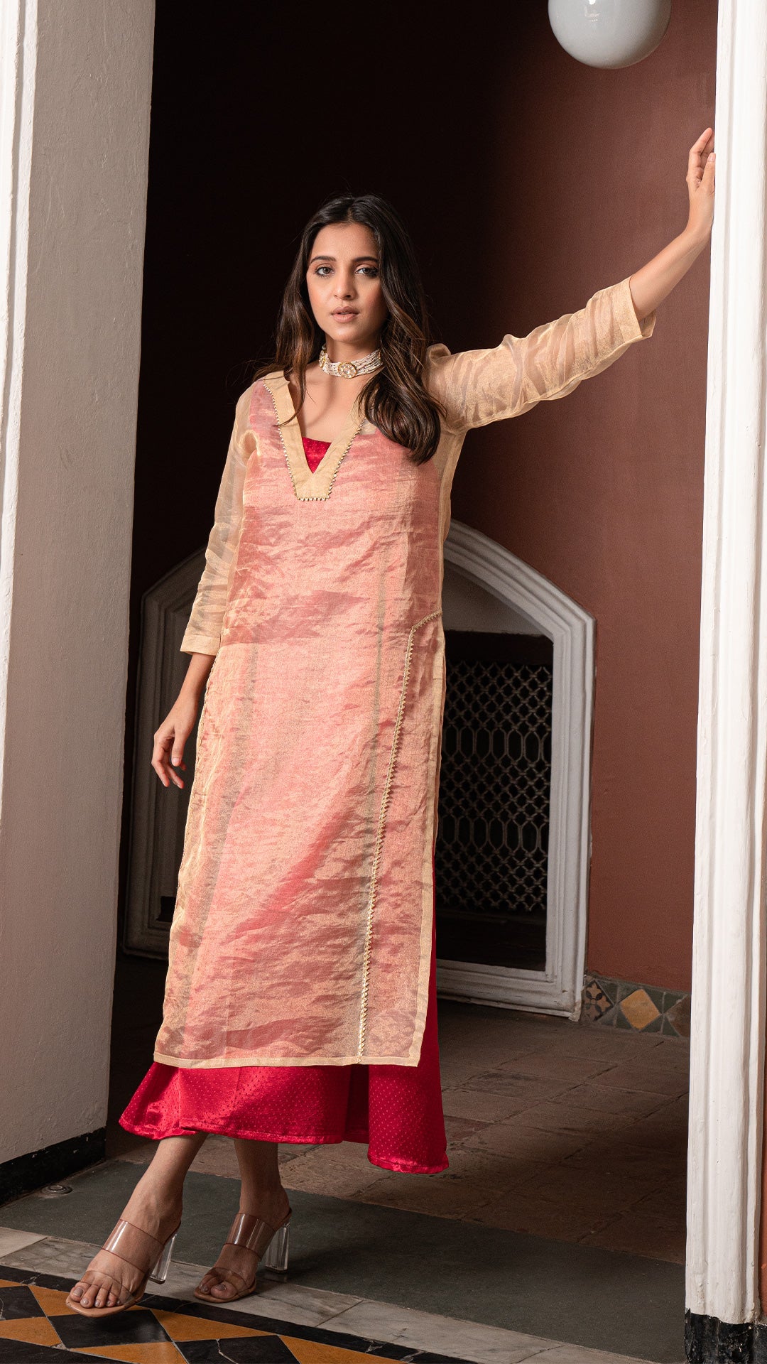Gulal - Golden/Rani Pink Pure Tissue Layered Dress