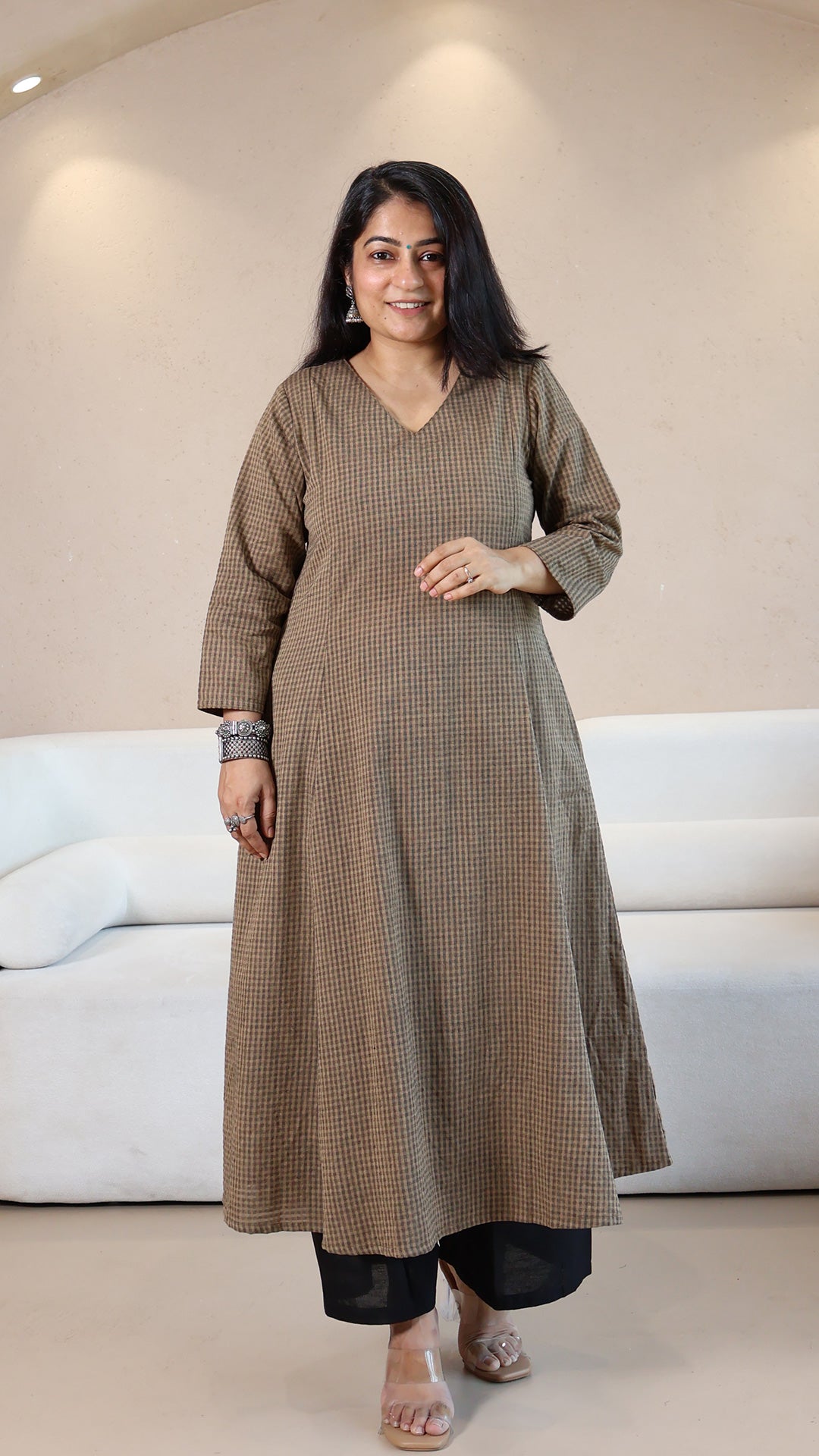 Brown Checkered Handwoven Cotton Kurta