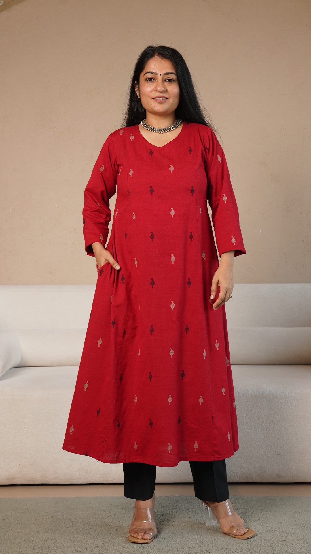 Adah Red Hand Woven Kali Kurta