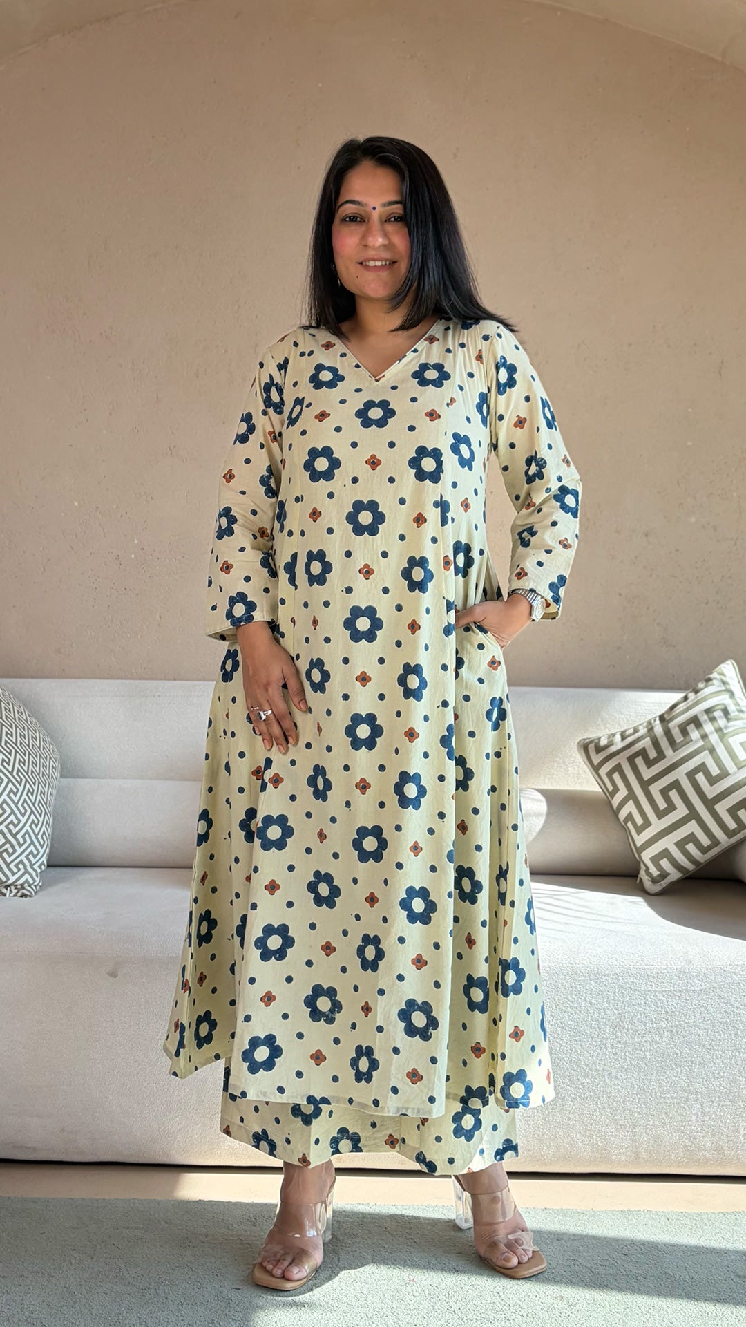 Eka Ajrakh Kali Kurta In Cotton - Ivory Floral