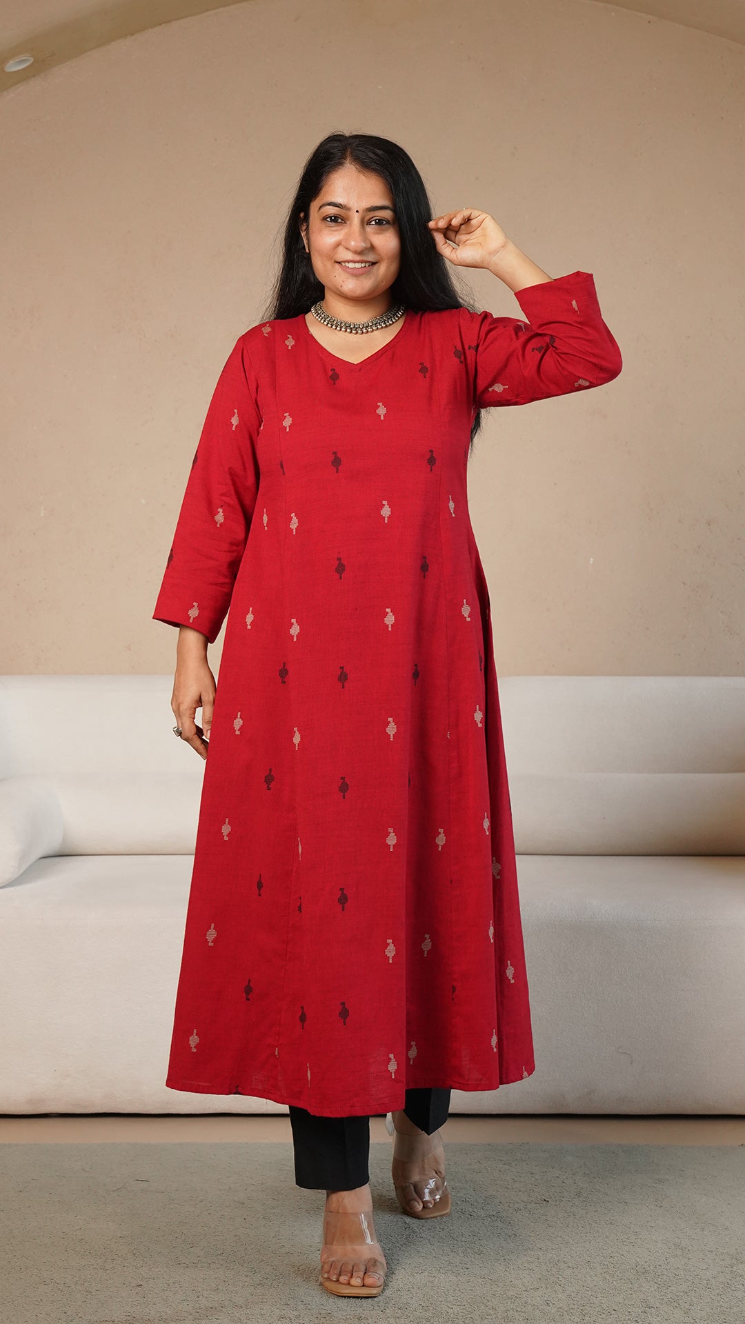 Adah Red Hand Woven Kali Kurta