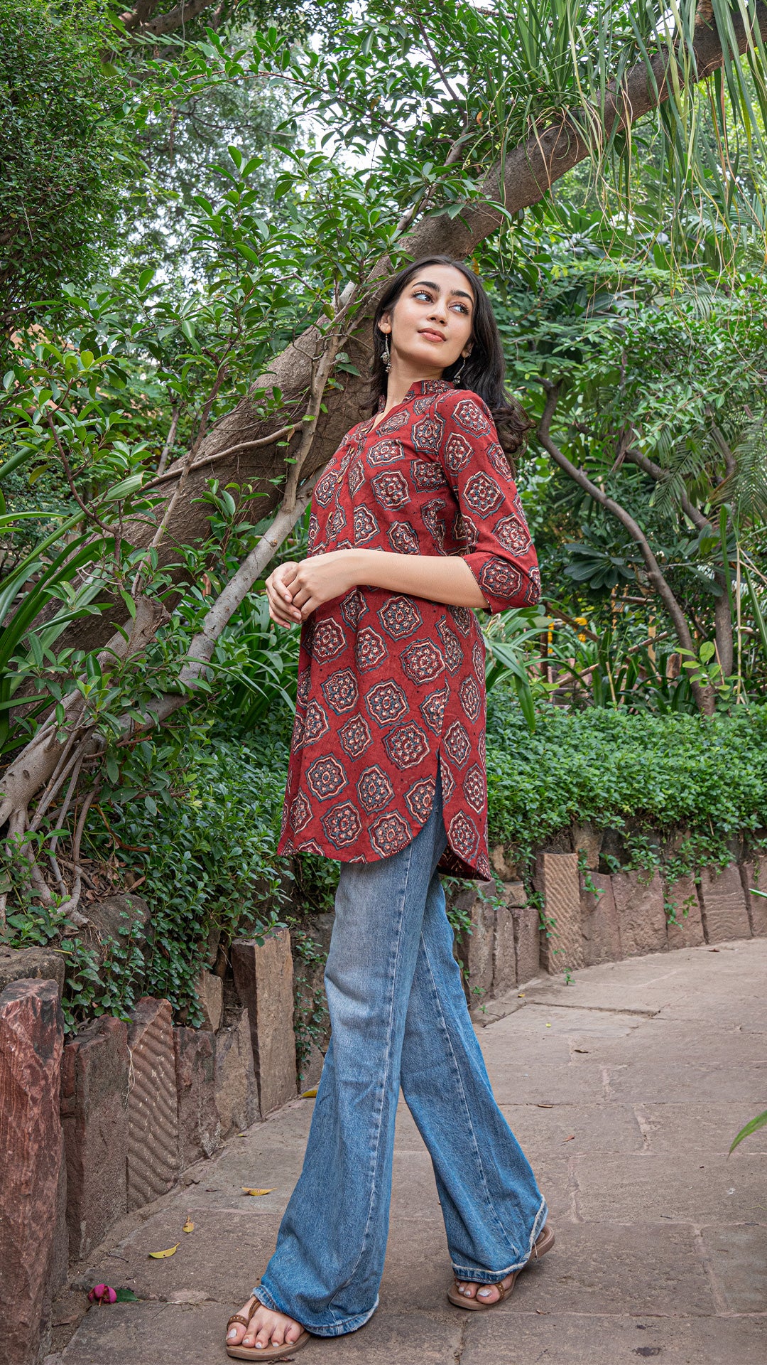 Shaleena Ajrakh Hand Block Print Cotton Short Top - Red