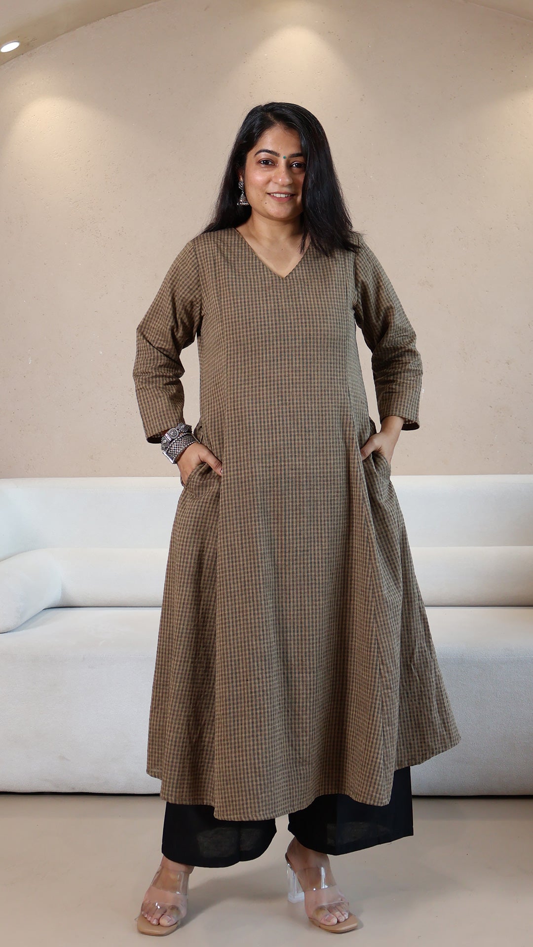 Brown Checkered Handwoven Cotton Kurta